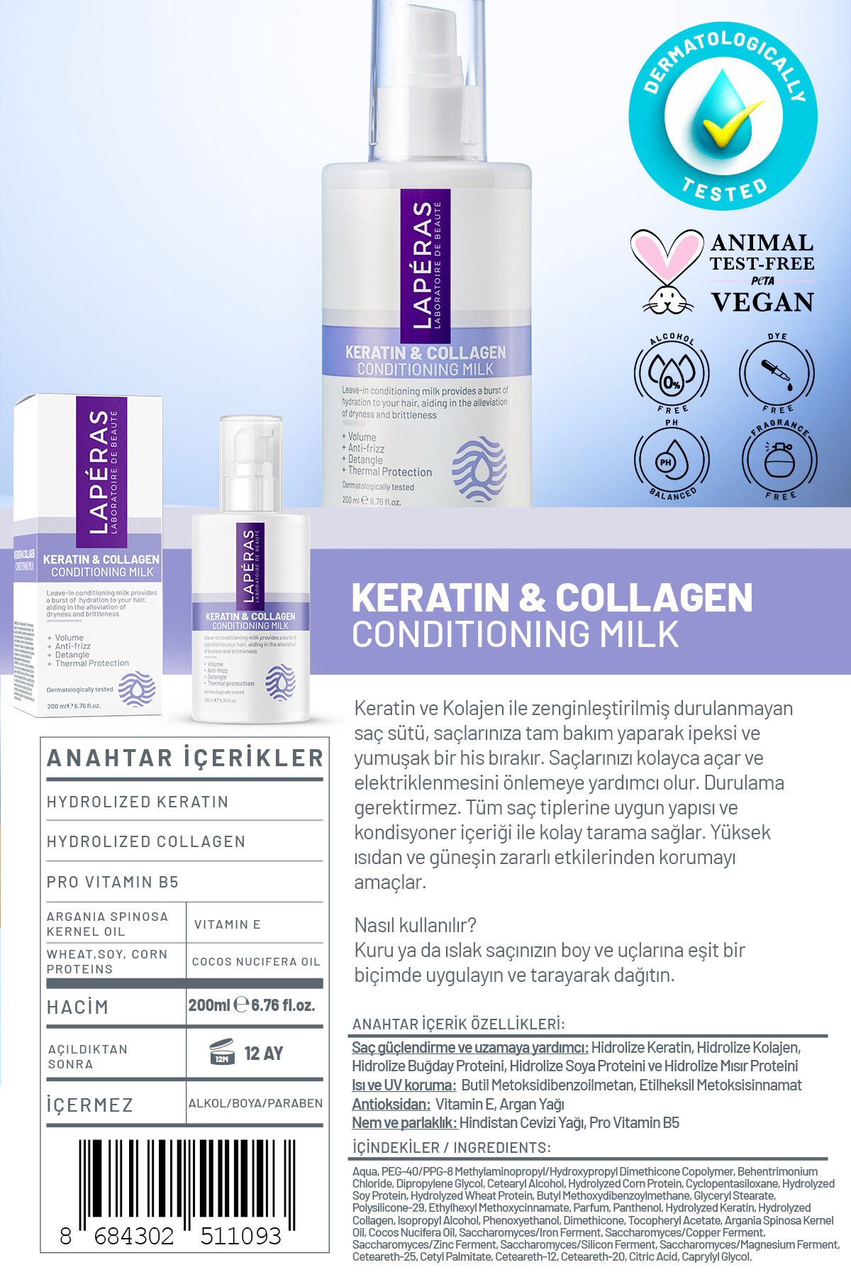 Besleyici Canlandırıcı ve Koruyucu Keratin & Collagen Saç Bakım Sütü 200ml — TYCOZT537N169381417046843 — تصویر 9 از 9