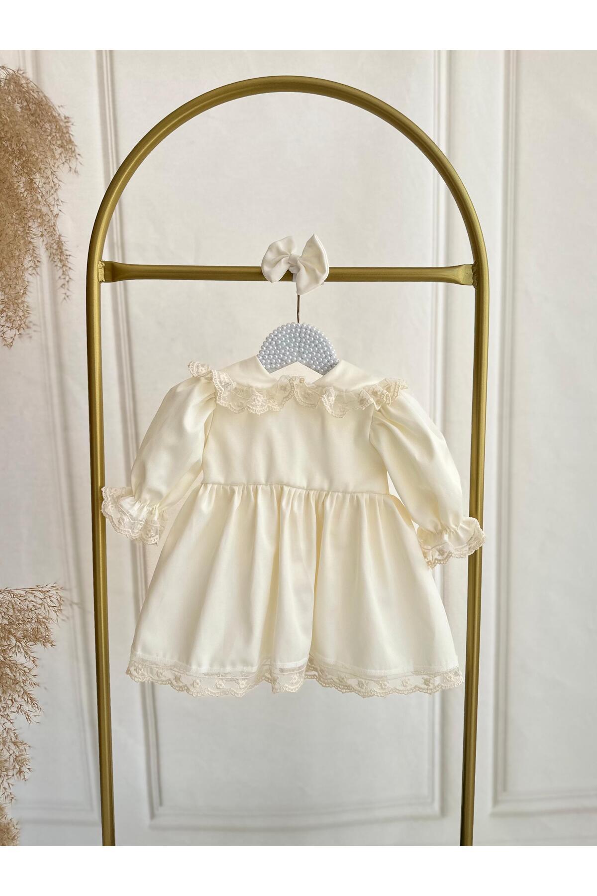 Hobidik Kız Bebek Krem Güpür Dantel Saten Elbise Set fotoğrafı 2 (önizleme)