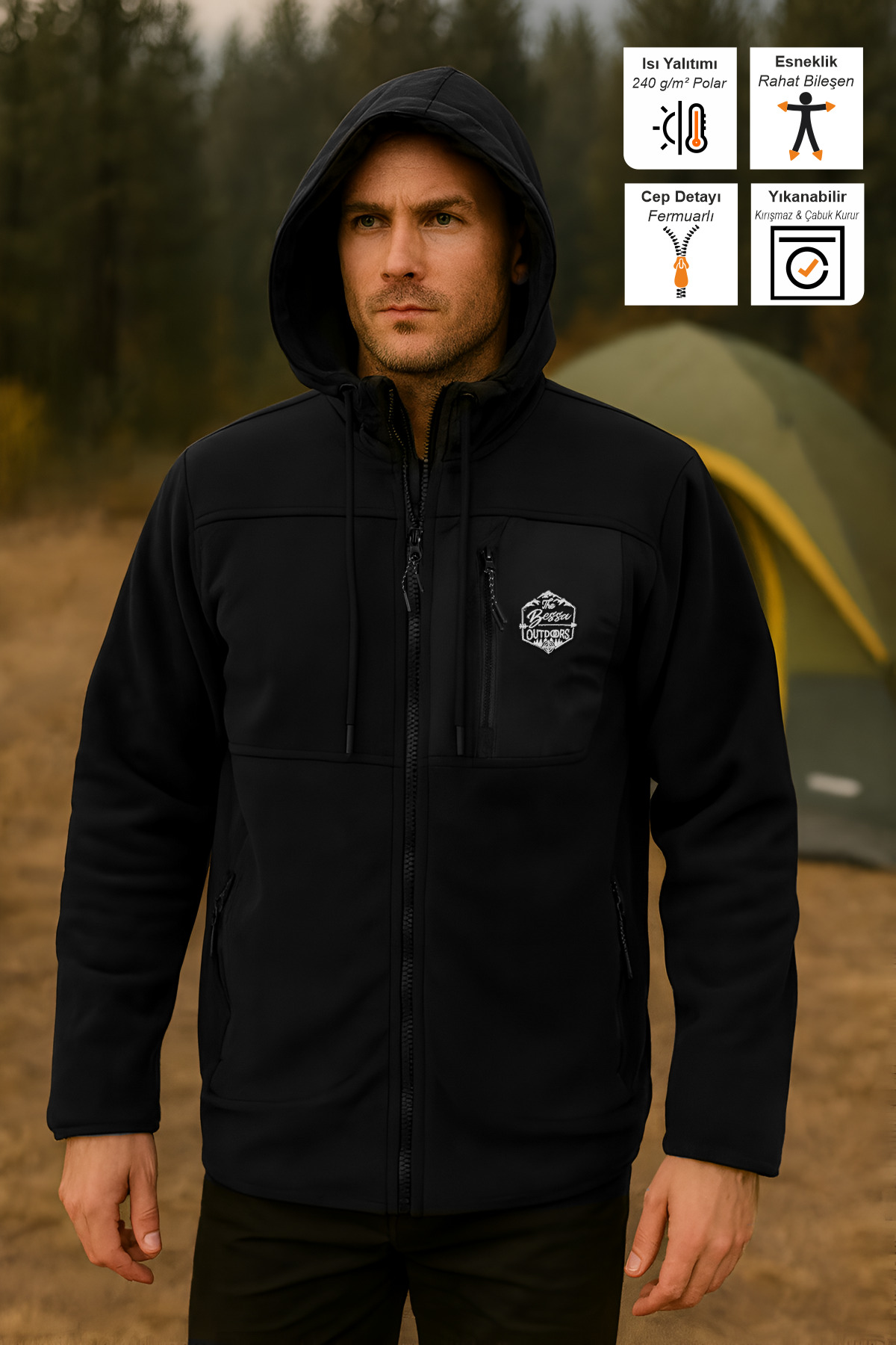 BESSA Siyah Kapüşonlu Polar Ceket Softshell Fermuarlı Cepli Isı Yalıtımlı Tactical Outdoor Erkek