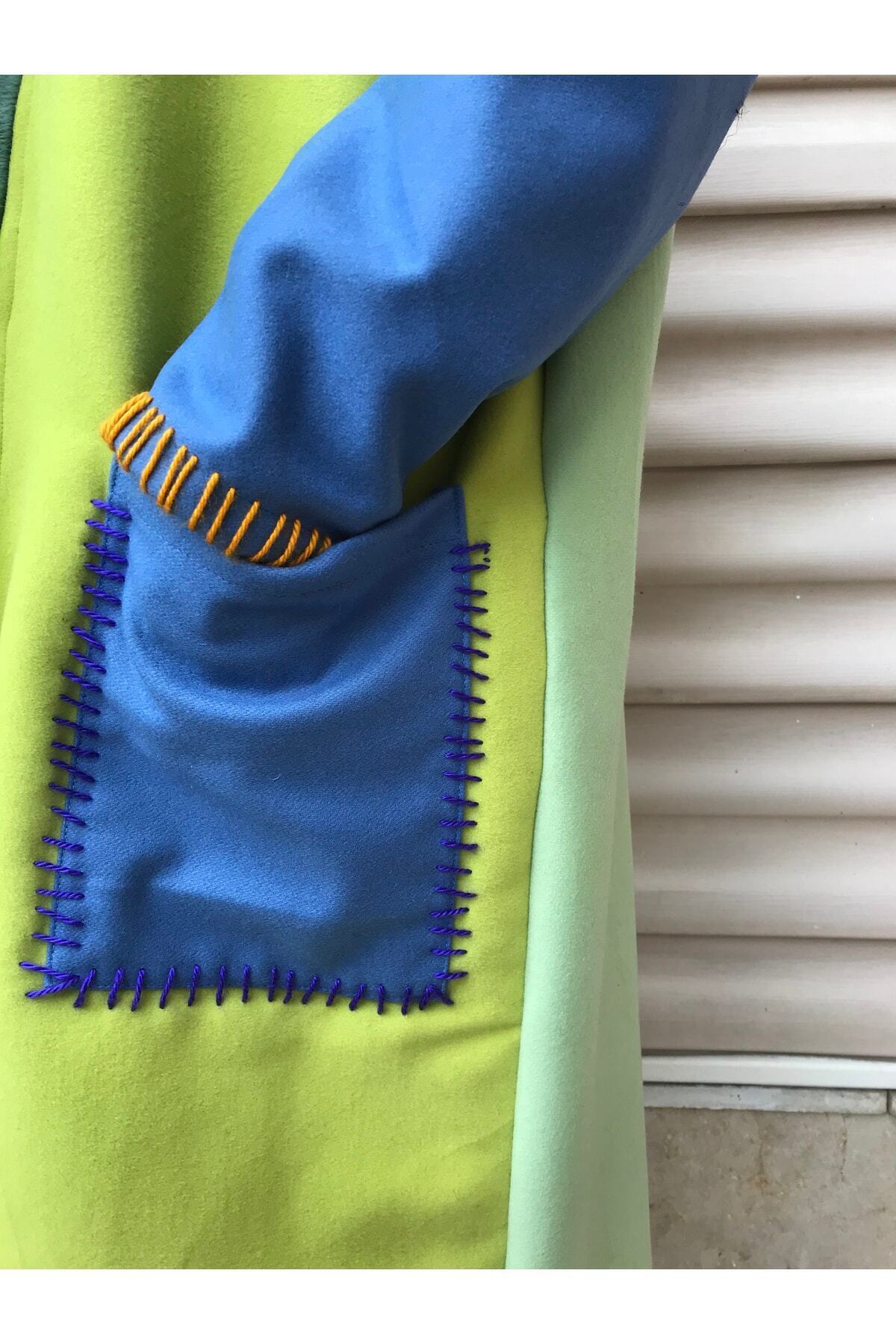 Hello Stranger  Rrenkli Işlemeli Pardösü Patchwork Mor Yeşil Mavi Ceket Palto Yamalı Kaban Mont - Görsel 6