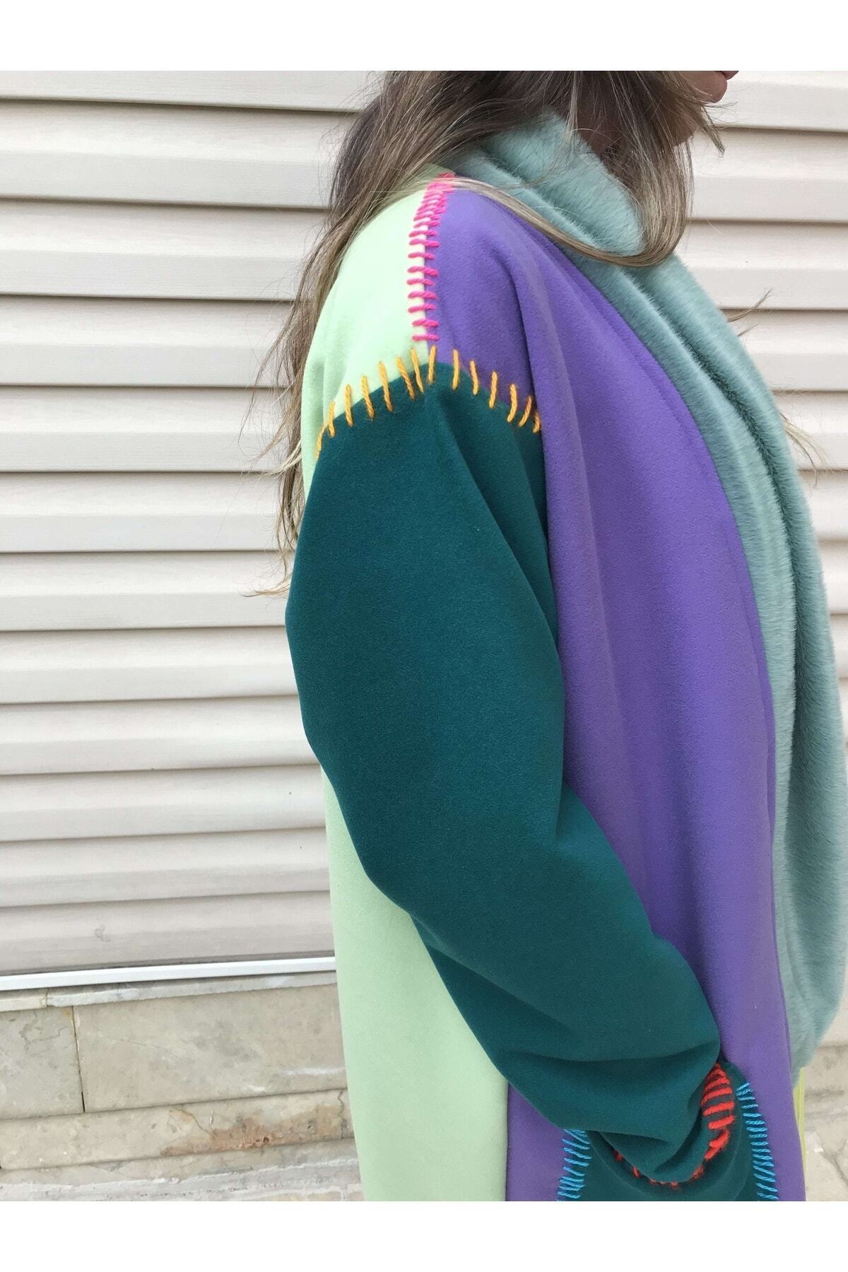 Hello Stranger  Rrenkli Işlemeli Pardösü Patchwork Mor Yeşil Mavi Ceket Palto Yamalı Kaban Mont - Görsel 5