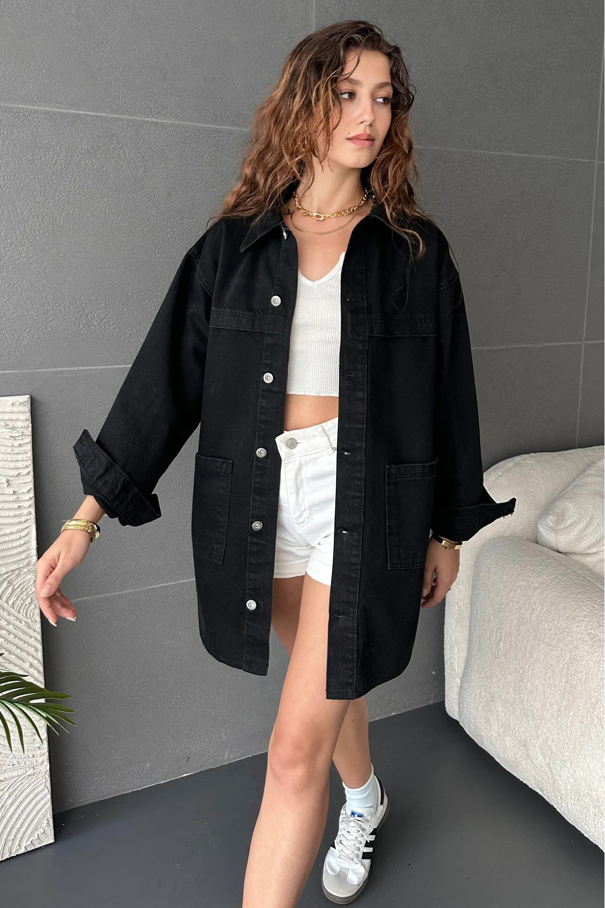 Fav Style  Kadın Çift Cepli Overize Uzun Ceket Siyah - Görsel 6