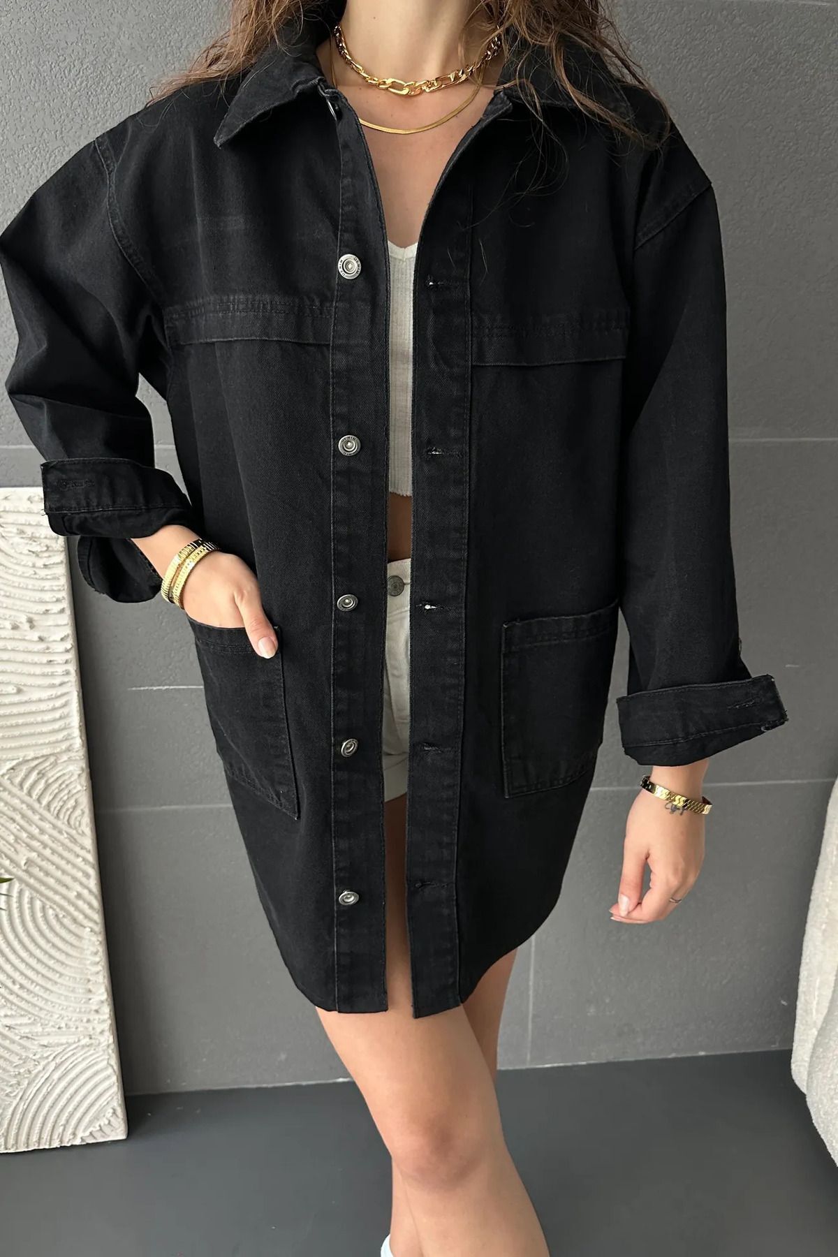 Fav Style  Kadın Çift Cepli Overize Uzun Ceket Siyah - Görsel 5