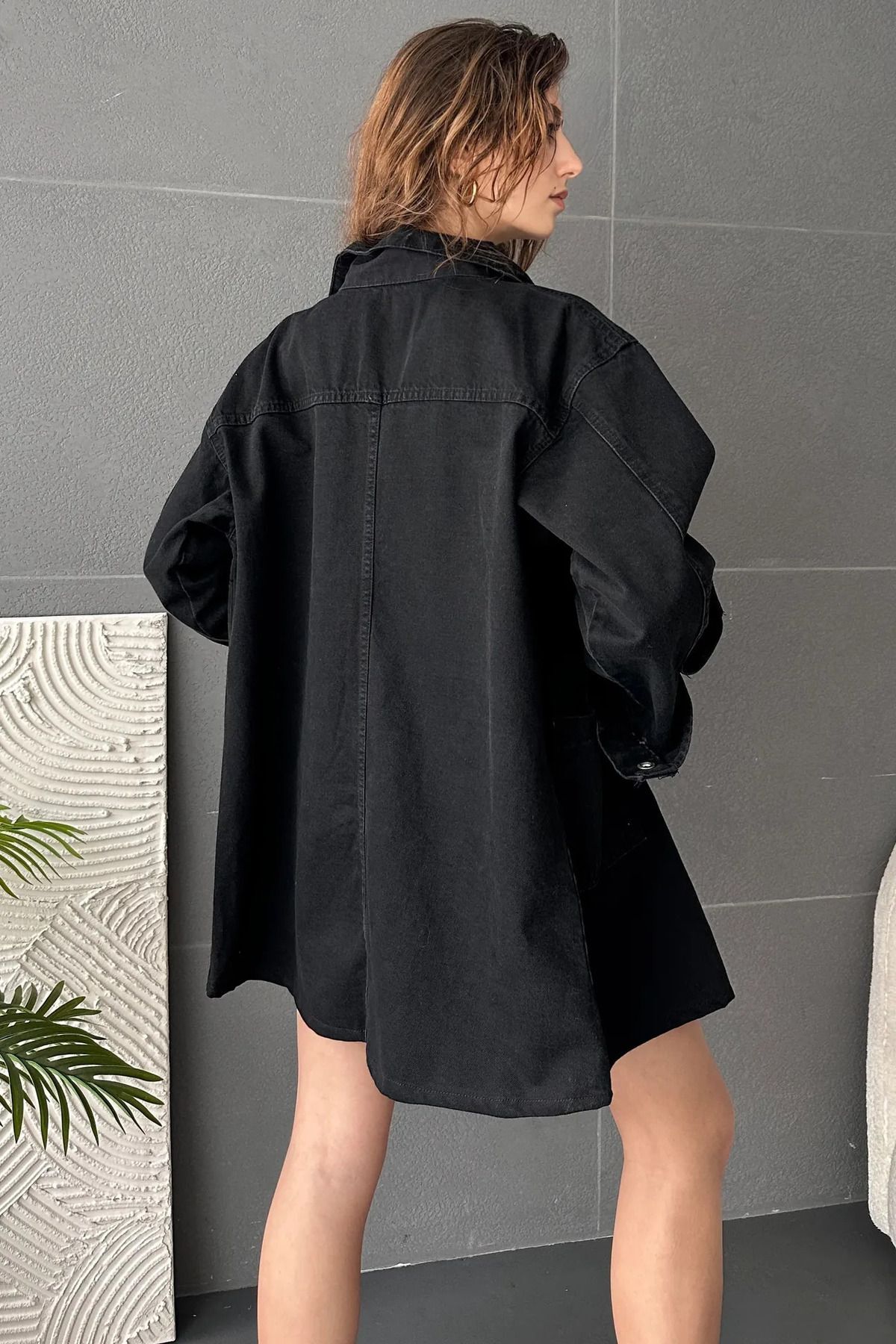 Fav Style  Kadın Çift Cepli Overize Uzun Ceket Siyah - Görsel 4