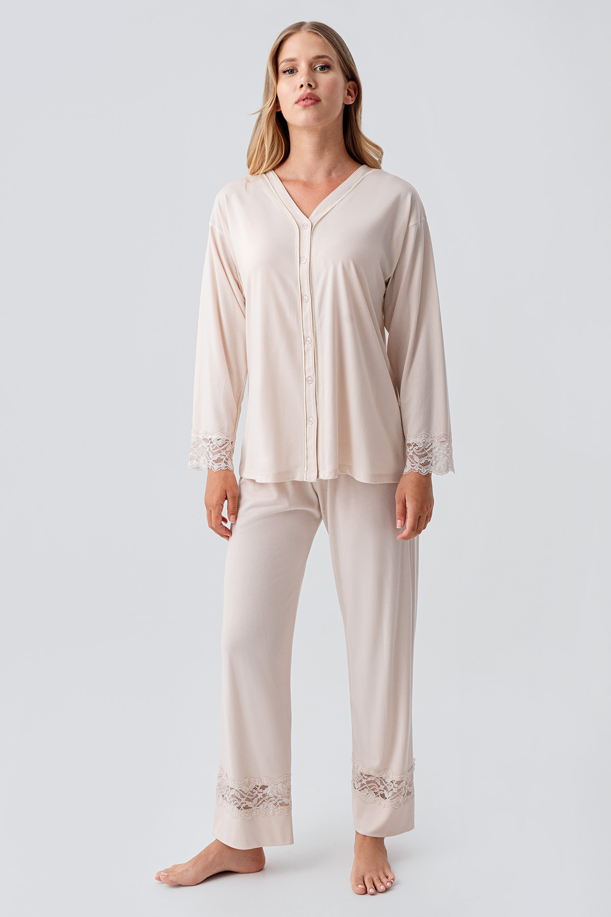 Artış Long Sleeve Buttoned Lace Flexible Viscose Pajama Set