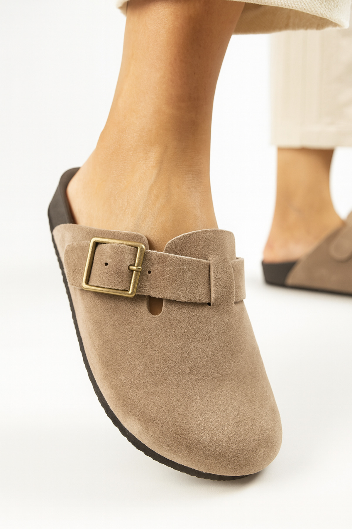 MERVDEN Kadın Vizon Tokalı & Kemerli Hakiki Deri Terlik