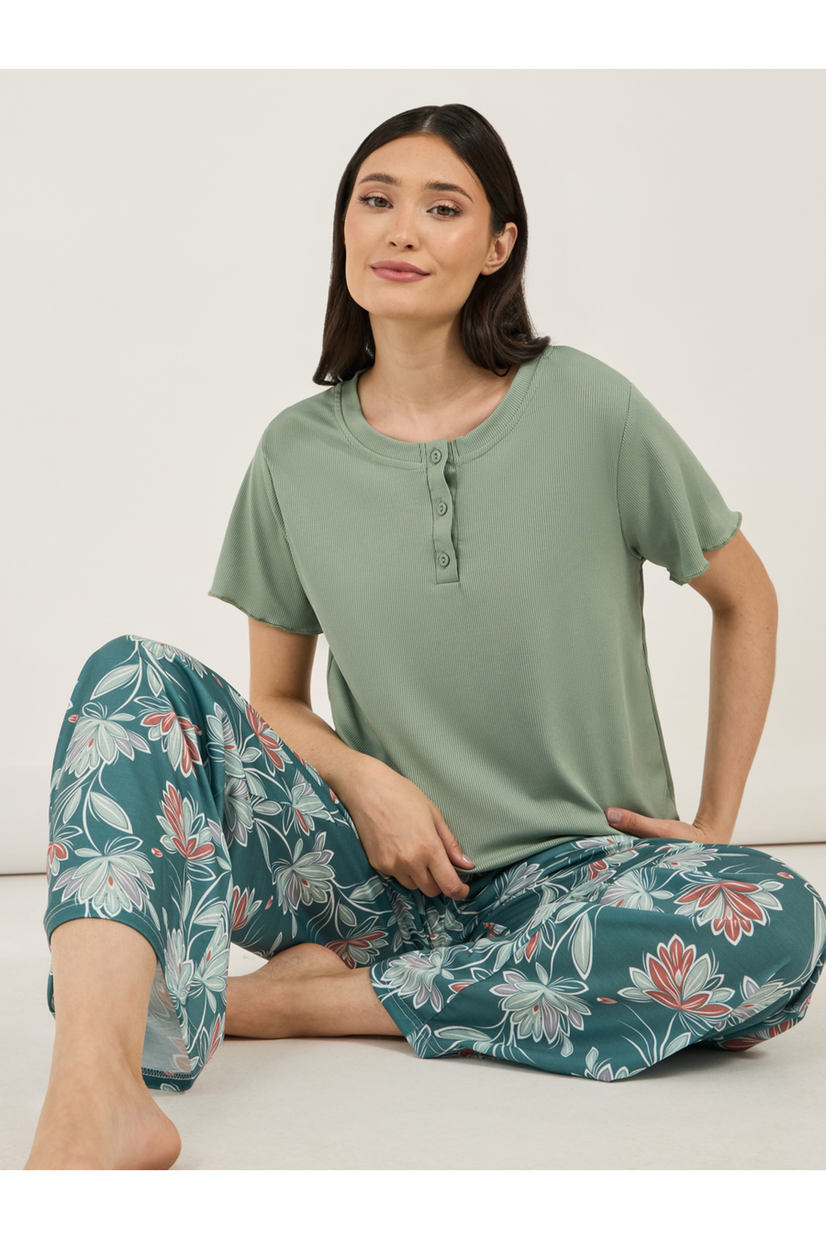 Styli Rib Placket T-Shirt and Floral Print Pyjama Set