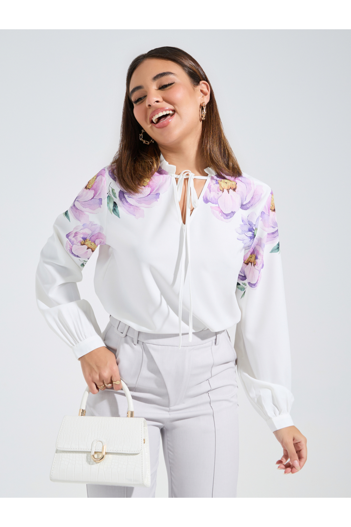 Styli Floral Placement Print Tie-Up Neck Blouse