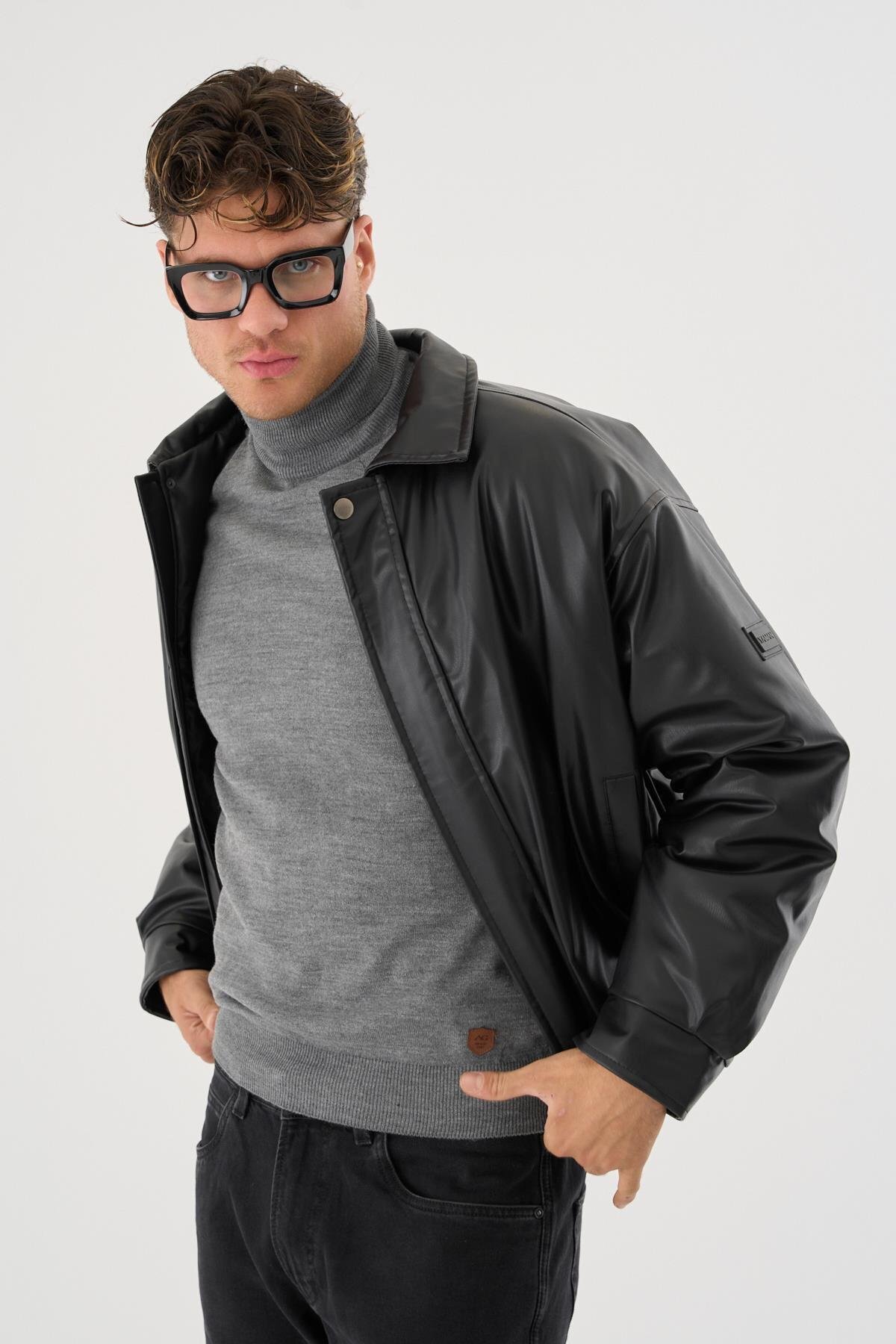 Erkek Siyah Deri Oversize Basic Mont & Ceket görsel 5
