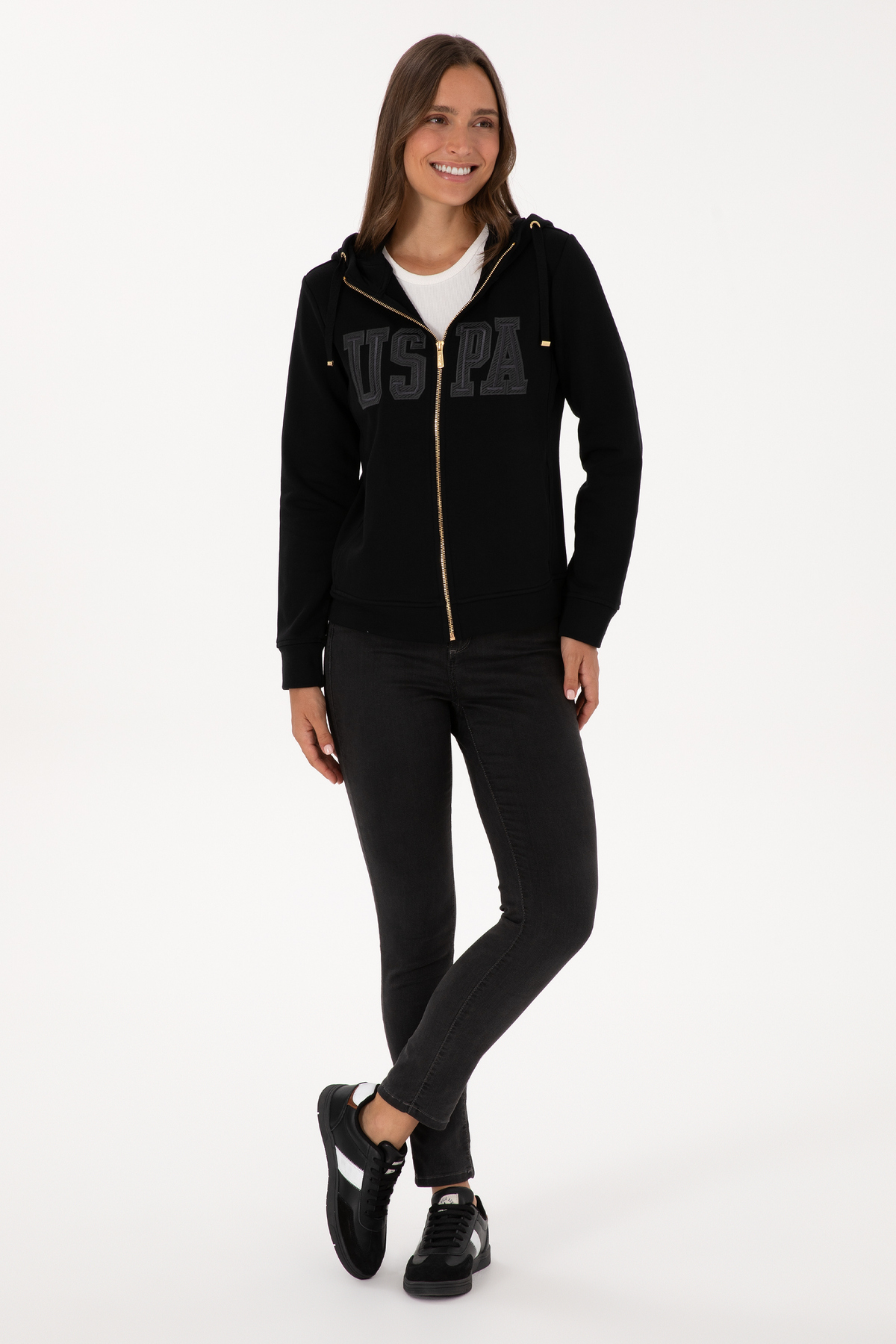 U.S. Polo Assn.  Kadın Siyah Fermuarlı Kapüşonlu Basic Sweatshirt 50307769-VR046 - Görsel 4