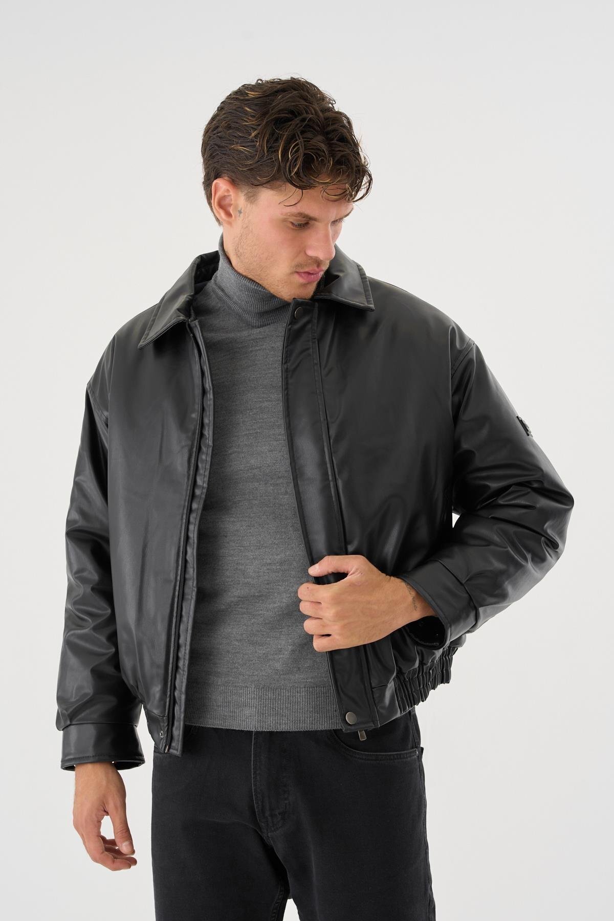 Erkek Siyah Deri Oversize Basic Mont & Ceket görsel 4