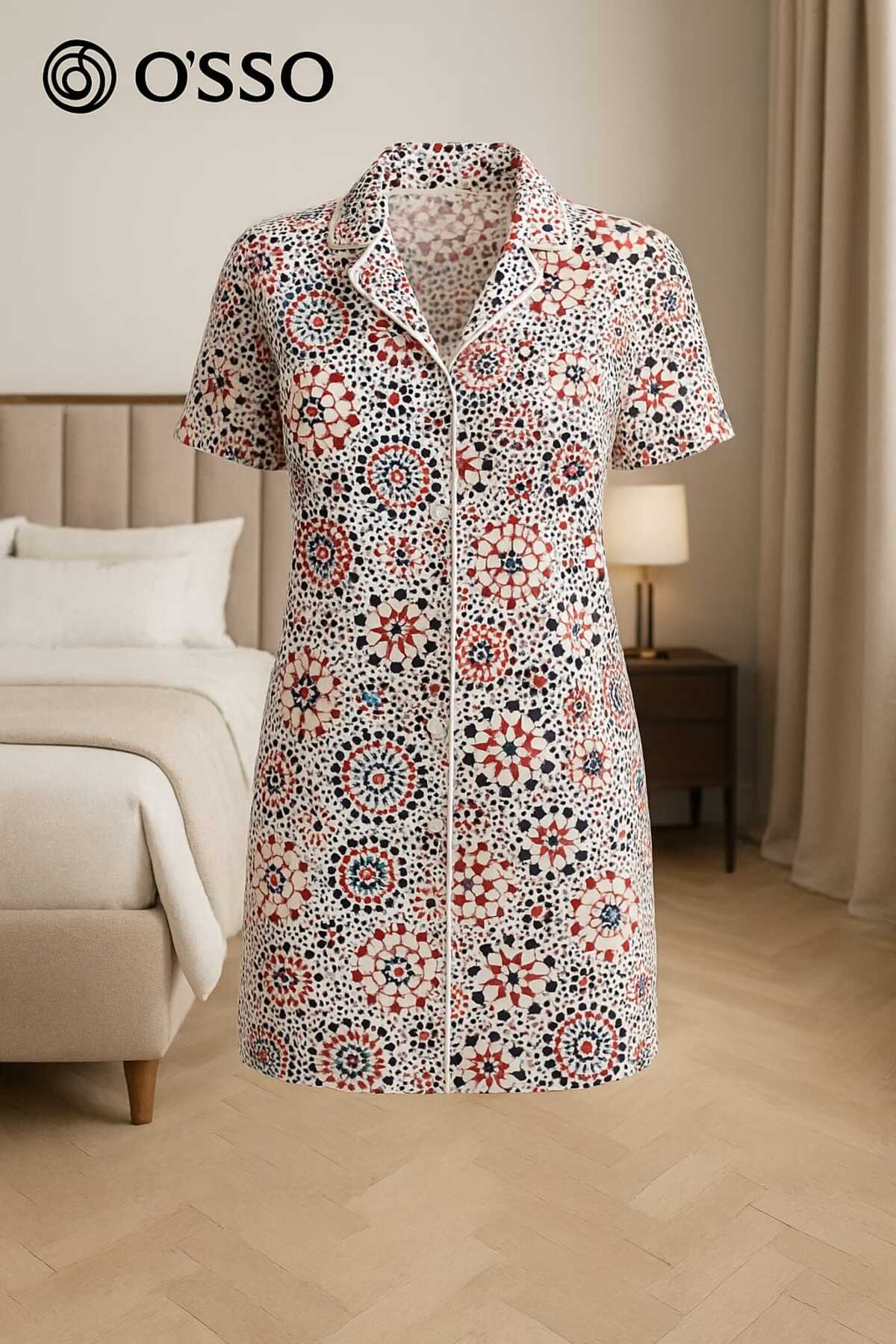 OSSO WORLD KADIN GEOMETRİK DESENLİ DÜĞMELİ KISA KOLLU GECELİK ELBİSE