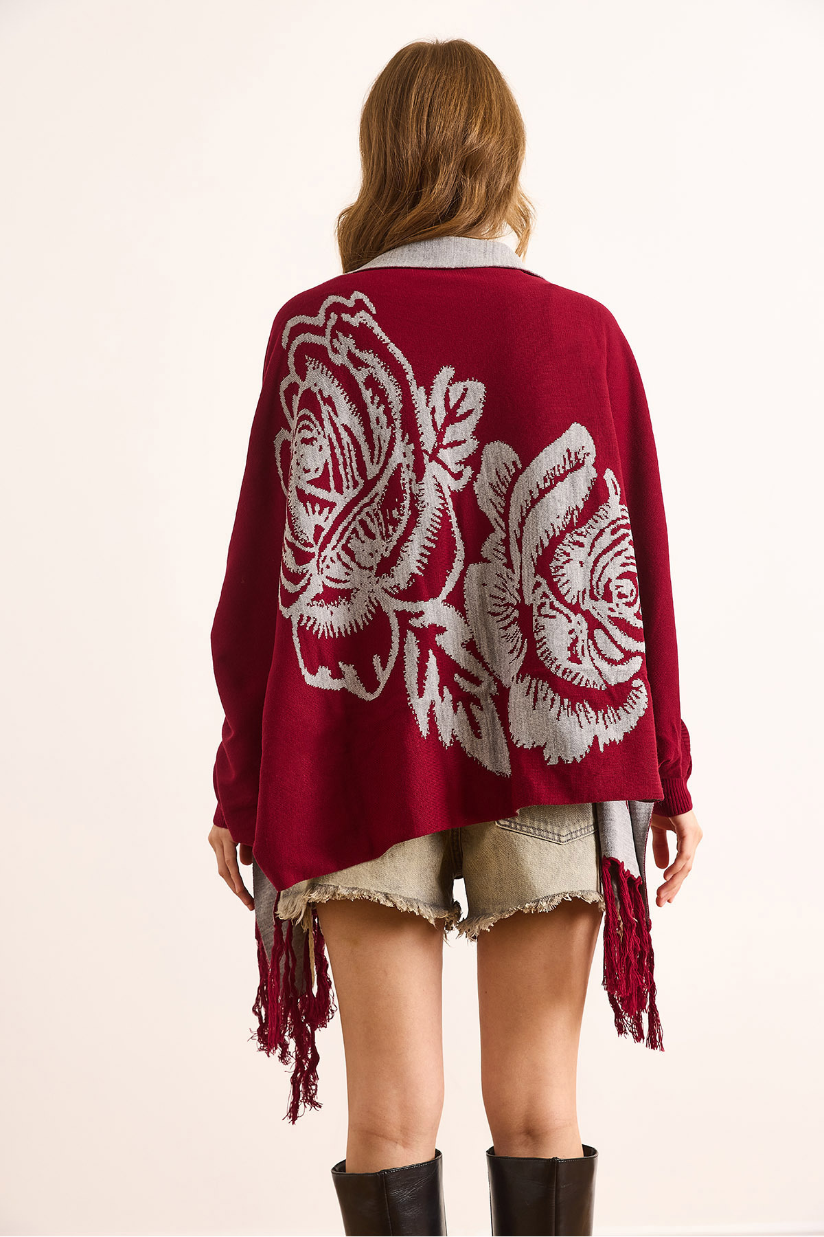 Olalook Kadın Bordo Gül Desenli Saçaklı Panço Hırka HRK-19000383 görsel 7