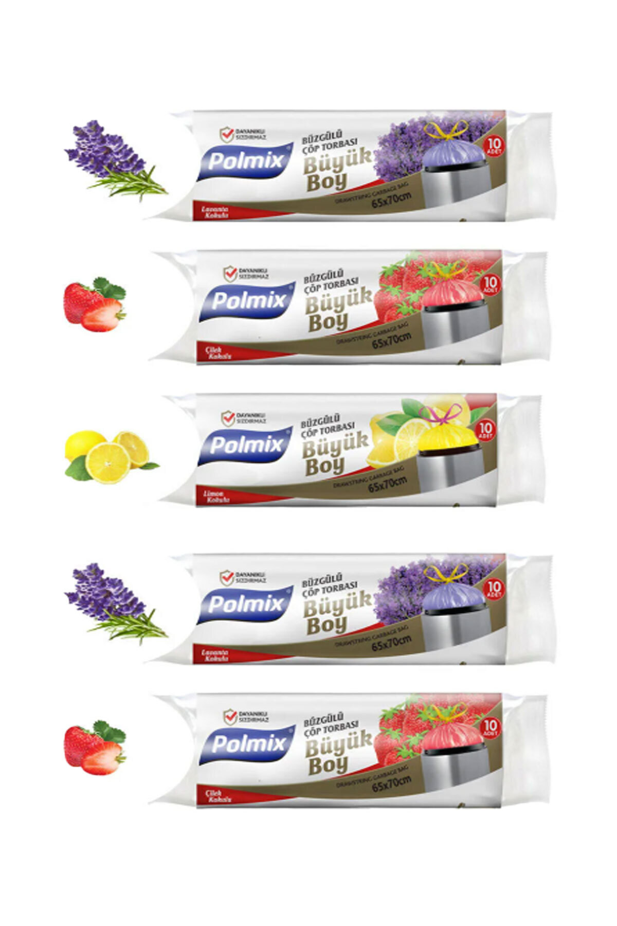 Polmix ( 5 PAKET )Orta Boy Lavanta-Çilek-Lavanta Kokulu Büzgülü Büyük Boy Çöp Poşeti 50 Adet