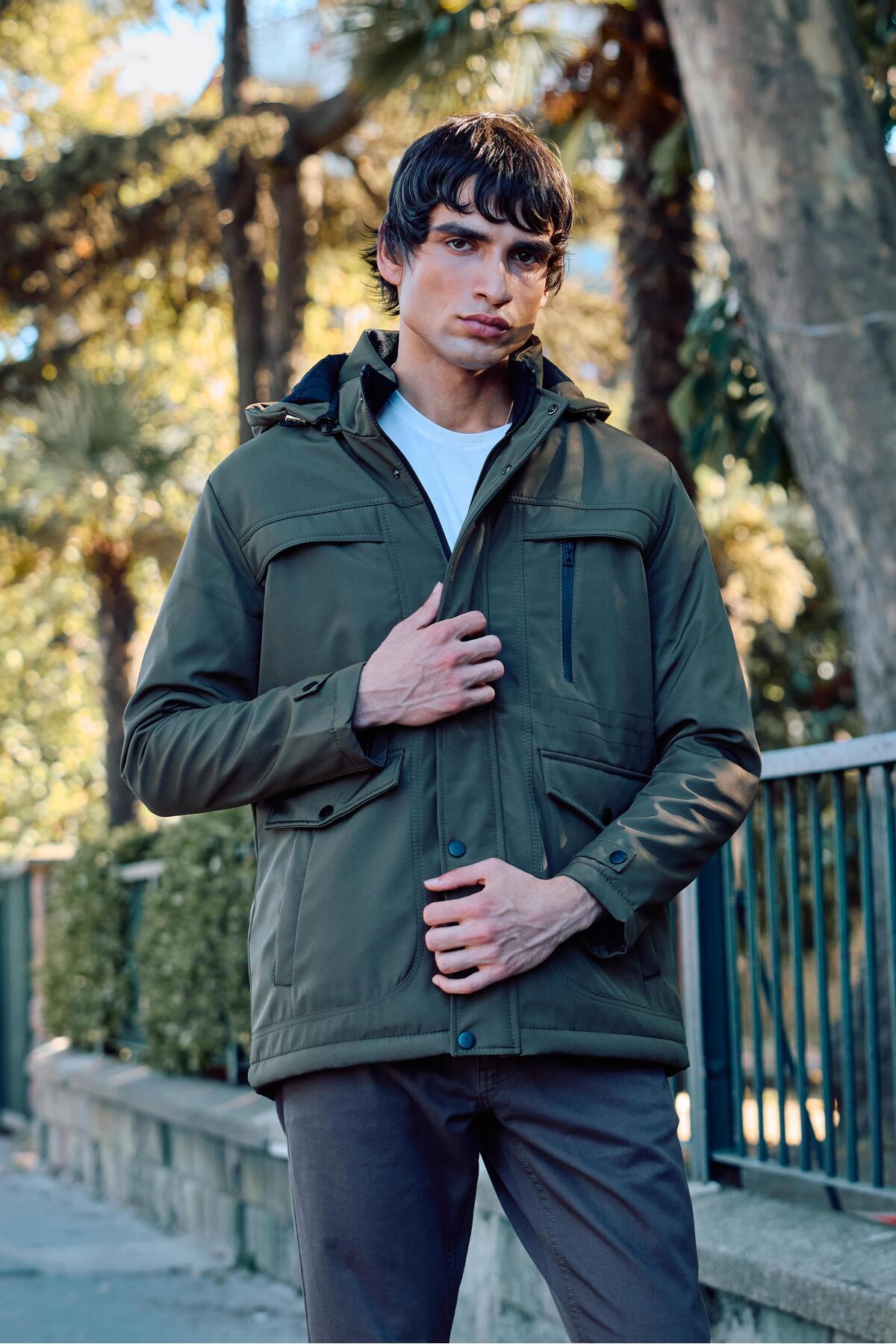 Erkek Yeşil Pamuk Polyester Karışımlı Kürklü Çıkartılabilir Kapüşonlu Mont & Kaban görsel 2