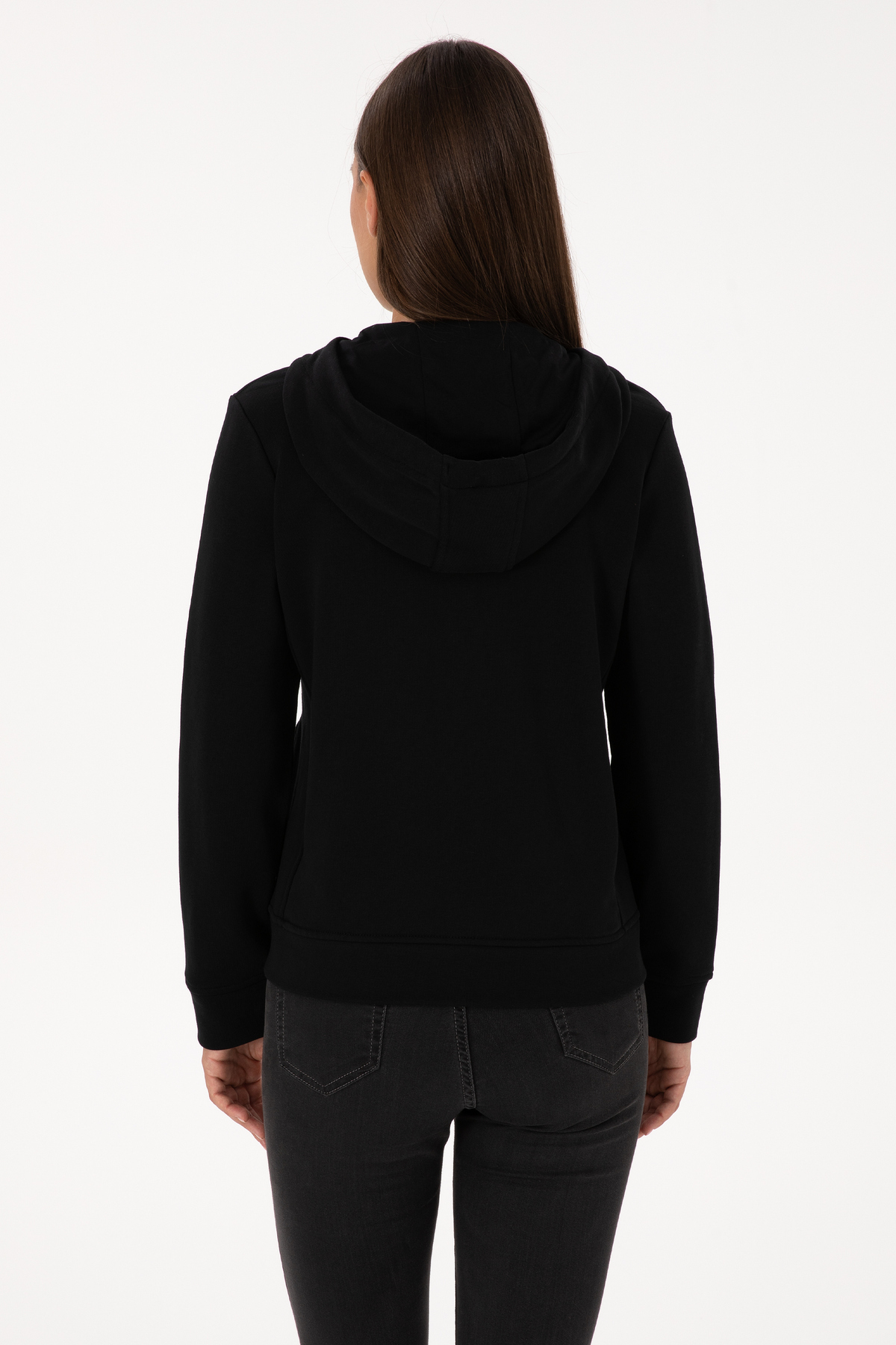 U.S. Polo Assn.  Kadın Siyah Fermuarlı Kapüşonlu Basic Sweatshirt 50307769-VR046 - Görsel 5