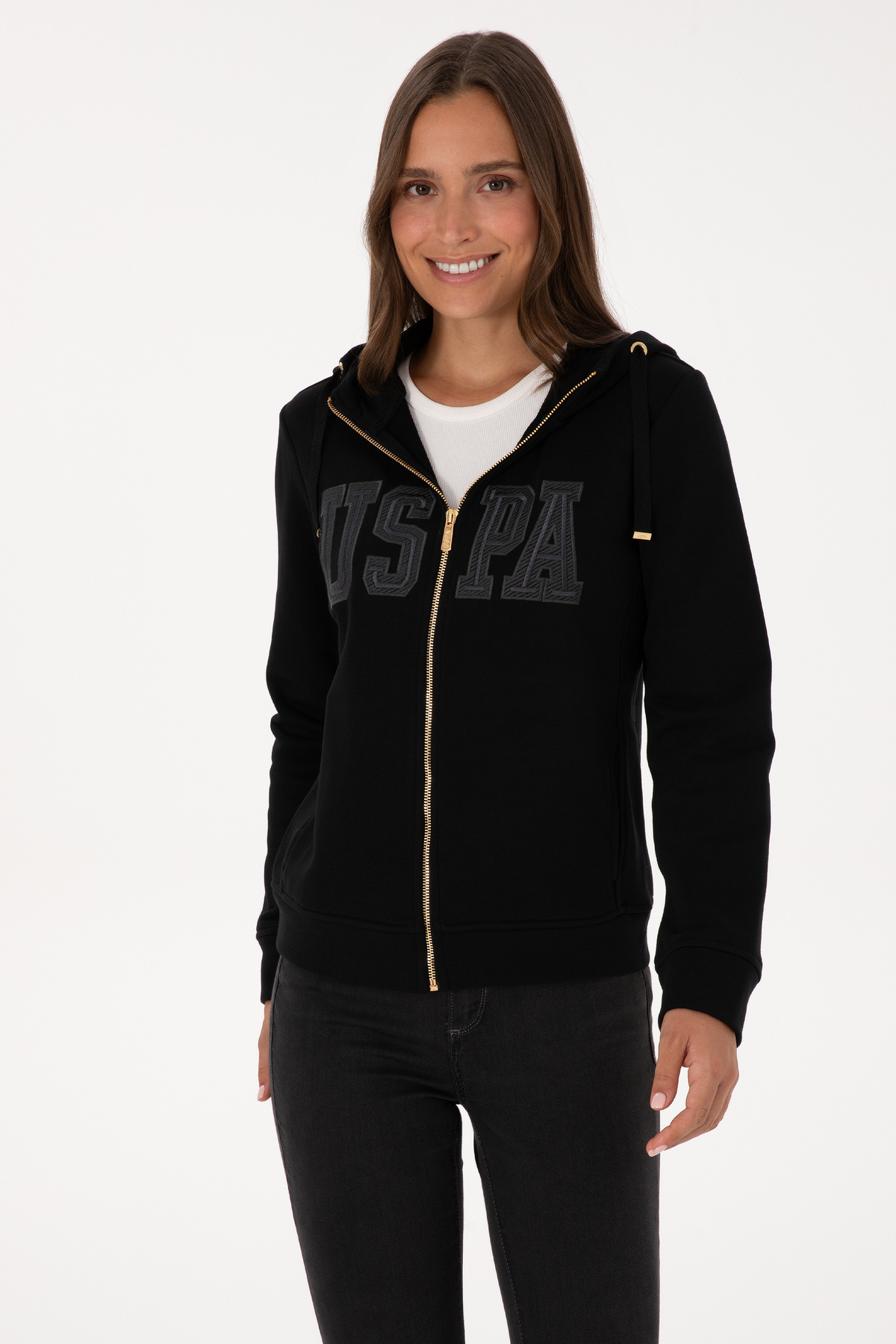 U.S. Polo Assn.  Kadın Siyah Fermuarlı Kapüşonlu Basic Sweatshirt 50307769-VR046 - Görsel 3