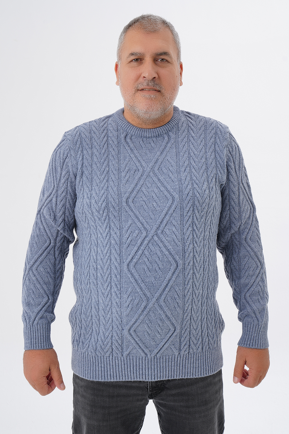 TRIST STAR PLUS SIZE MEN 'S DIAMOND RUN BRAIDED CREW NECK WOOL SWEATER TRIST-2121