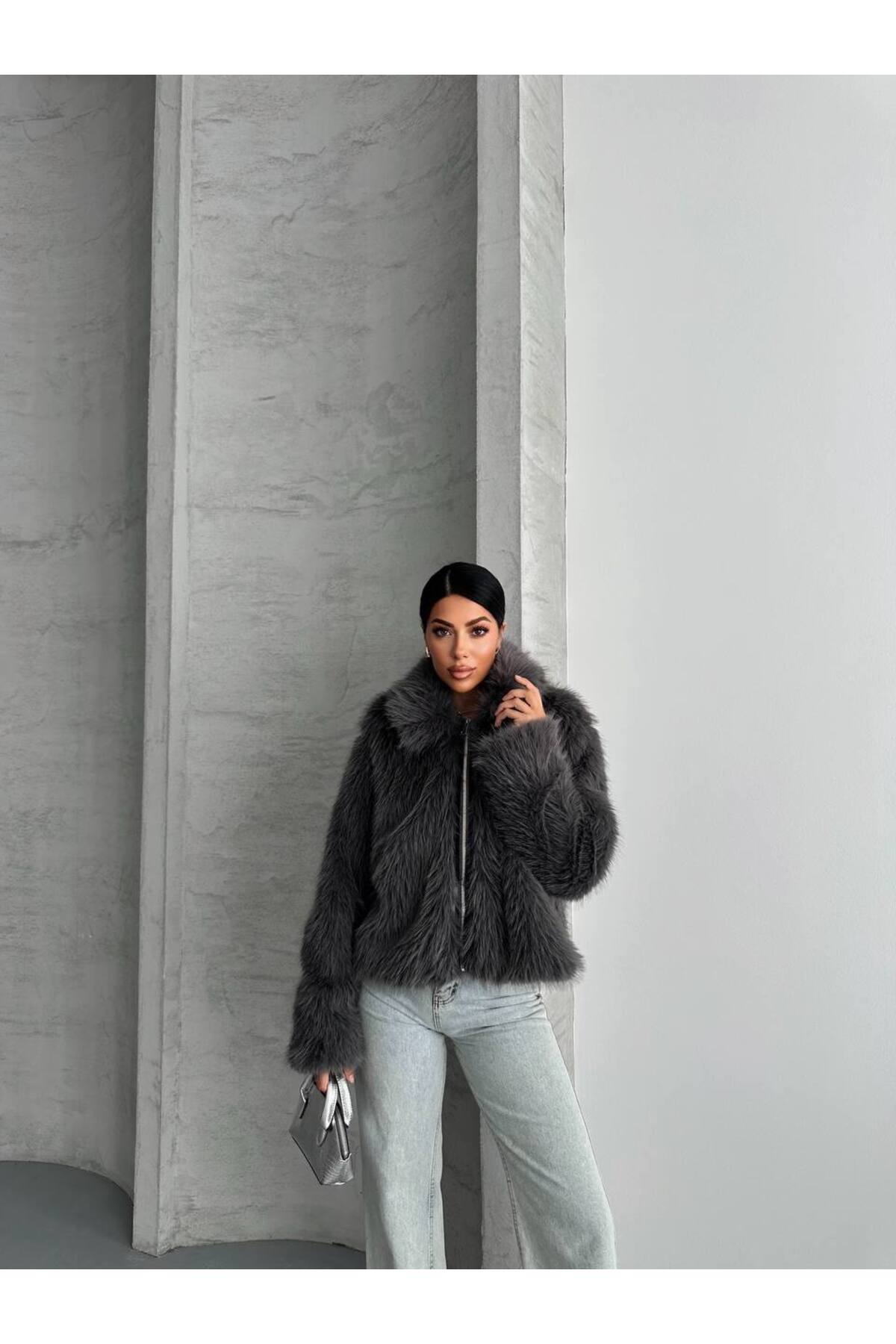 Manteau en fourrure Lolita pour femme, anthracite, avec fermeture éclair et doublure intérieure - Görsel 5