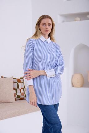 Moodbasic MANŞETİ ETİKET DETAYLI ÇİZGİLİ GÖMLEK