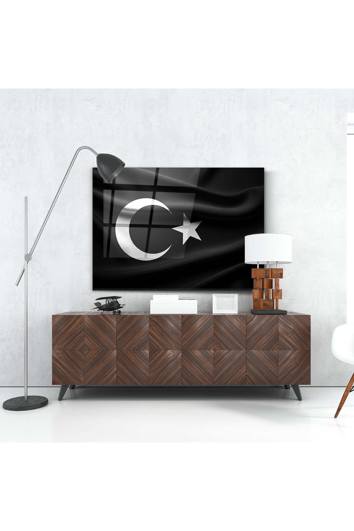 Siyah Türk Bayrağı- Yatay Cam Tablo-Ev ve Ofis Dekorasyonu