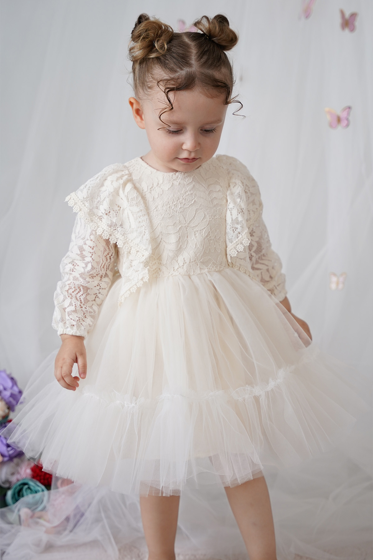 ALYRA Kız Bebek Elbise Dantelli Tüllü Tütü Doğum Günü Özel Gün Düğün Parti Pamuklu Abiye Kız Çocuk Elbise fotoğrafı 6 (önizleme)