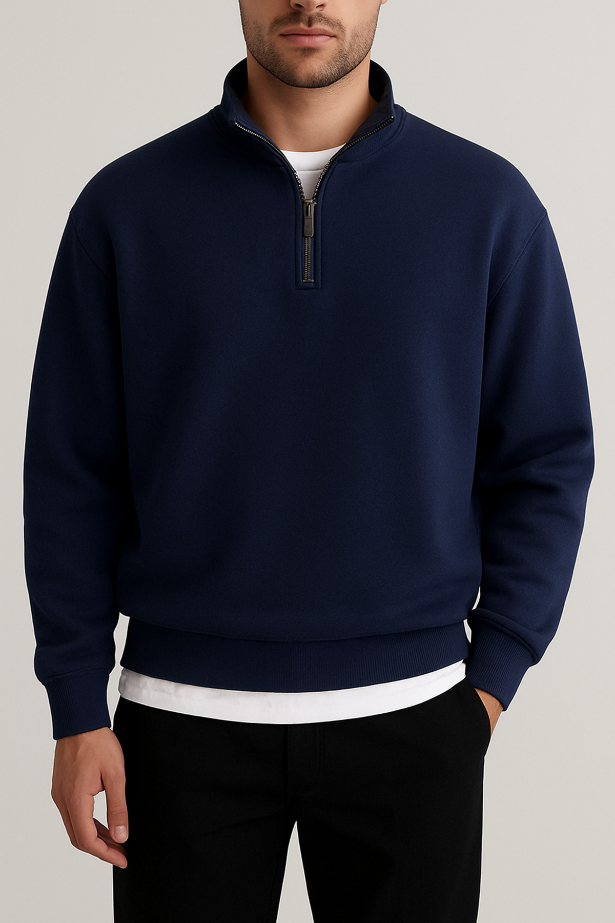 SELENA BUTİK Φούτερ Unisex με γιακά με φερμουάρ Navy Blue