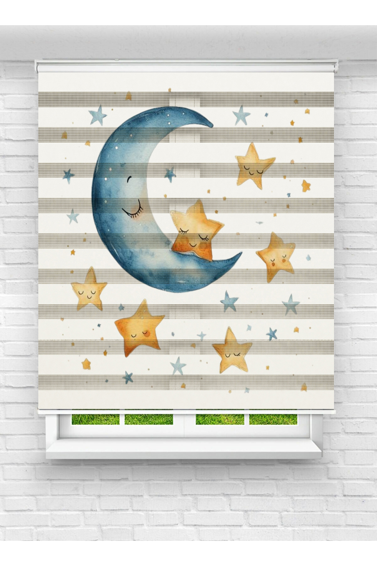 Smiling Moon and Stars Printed Zebra Curtain