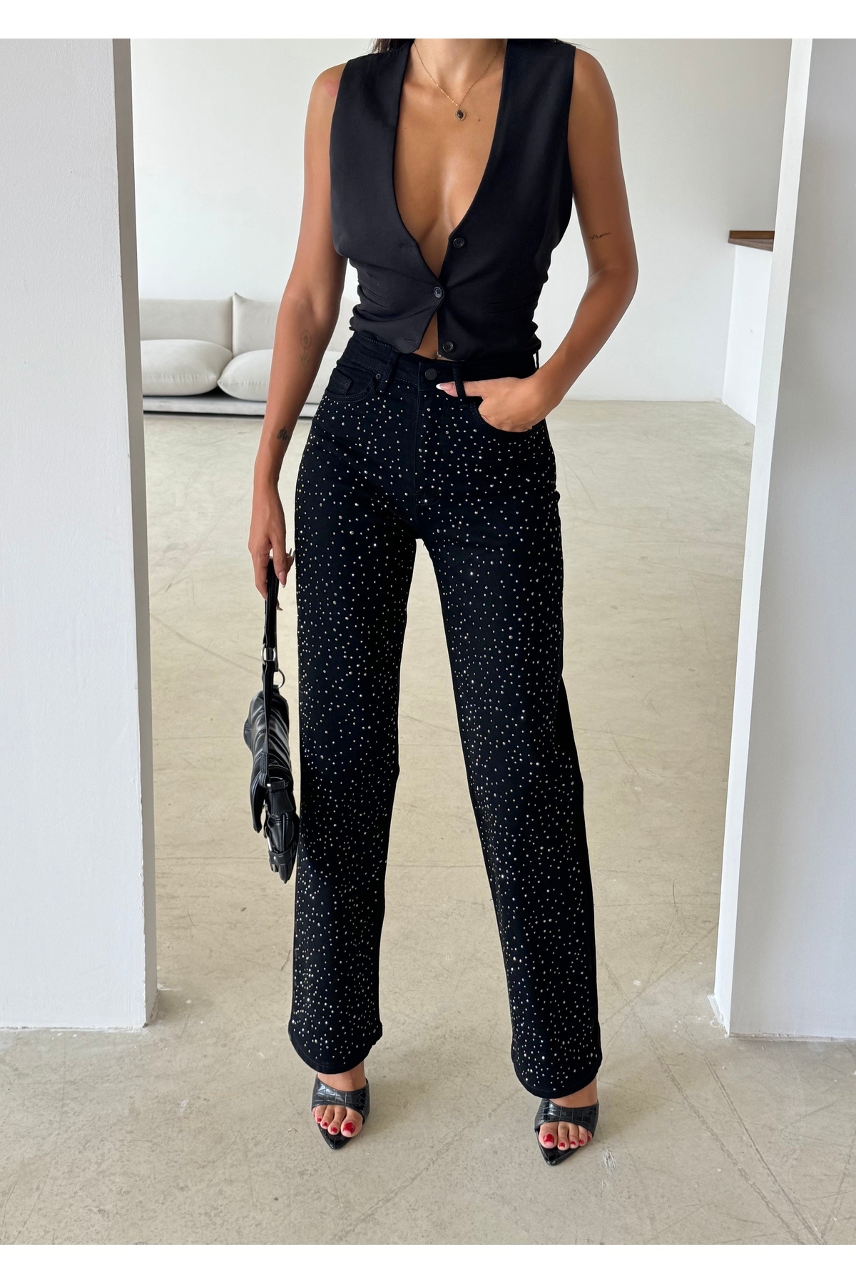 LOS FECHKA Dámské široké kalhoty černé barvy s kamínkovými detaily