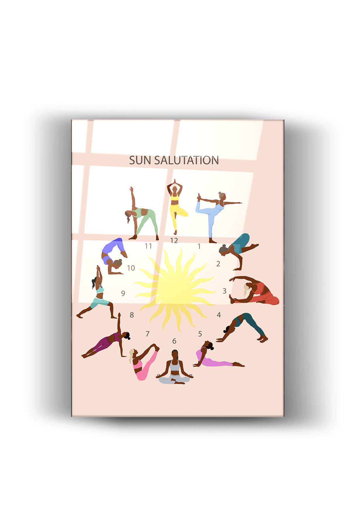 Yoga Figürleri İle Saat Desenli Minimalist Tasarım- Cam Tablo- Ev ve Ofis Dekorasyonu