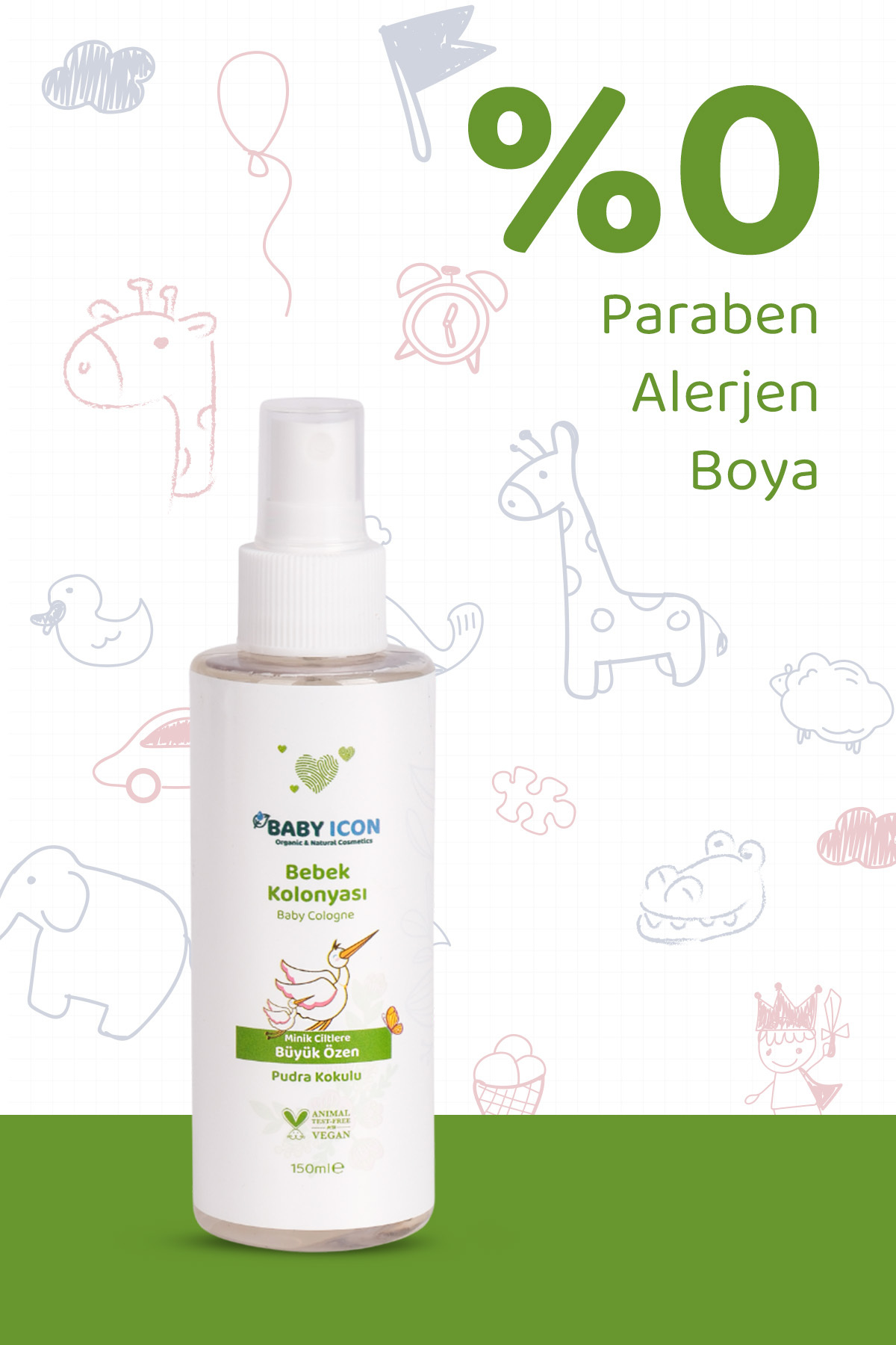 Baby İcon %100 Doğal Bebek Kolonyası 150 ML Pudra Kokulu Bitkisel Vegan İçerik 709 fotoğrafı 5 (önizleme)
