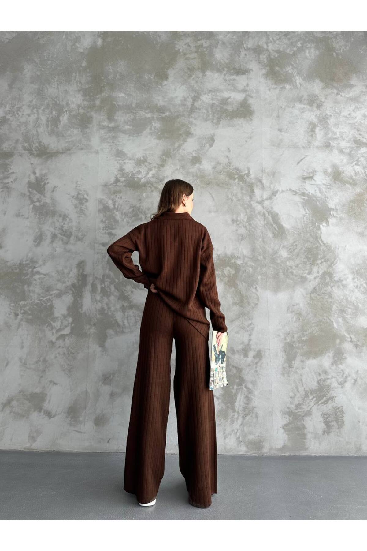 Ensemble tricoté bicolore pour femme marron - Görsel 5