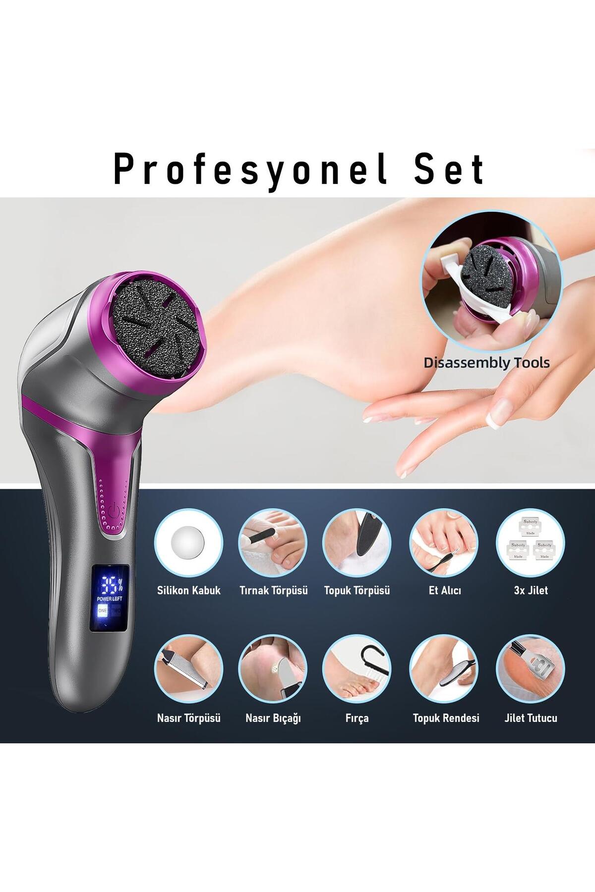 Profesyonel Ayak Bakım Cihazı 360° Dönen Başlık Dijital Ekranlı, Şarjlı & 10 Parça Pedikür Kiti Mor — MT-510 Foot Care Machine Mor — تصویر 5 از 9
