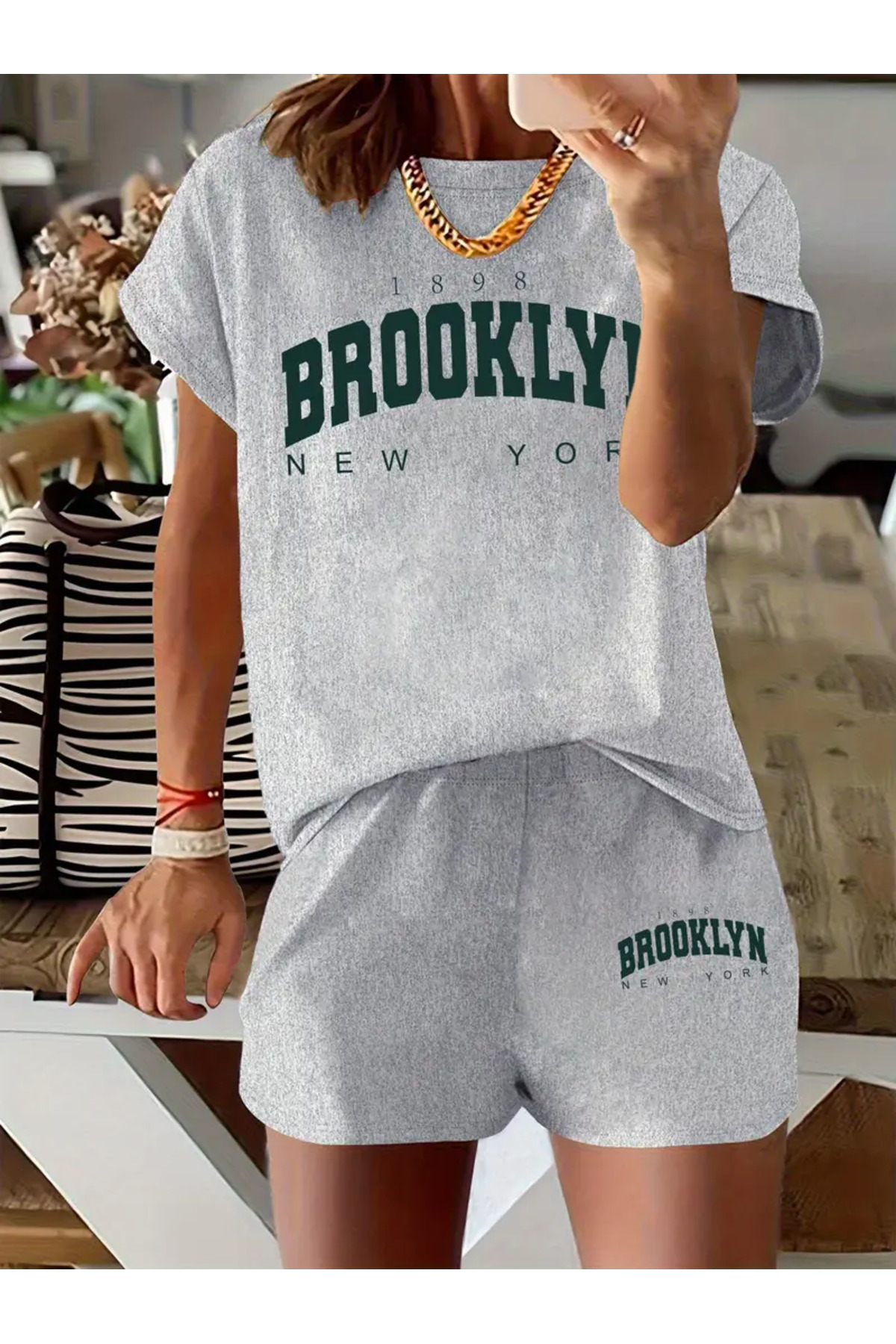 Flaubert -BROOKLYN BASKILI PAMUKLU OVERSIZE T-SHIRT ŞORT 2Lİ TAKIMI BÜYÜK BEDEN