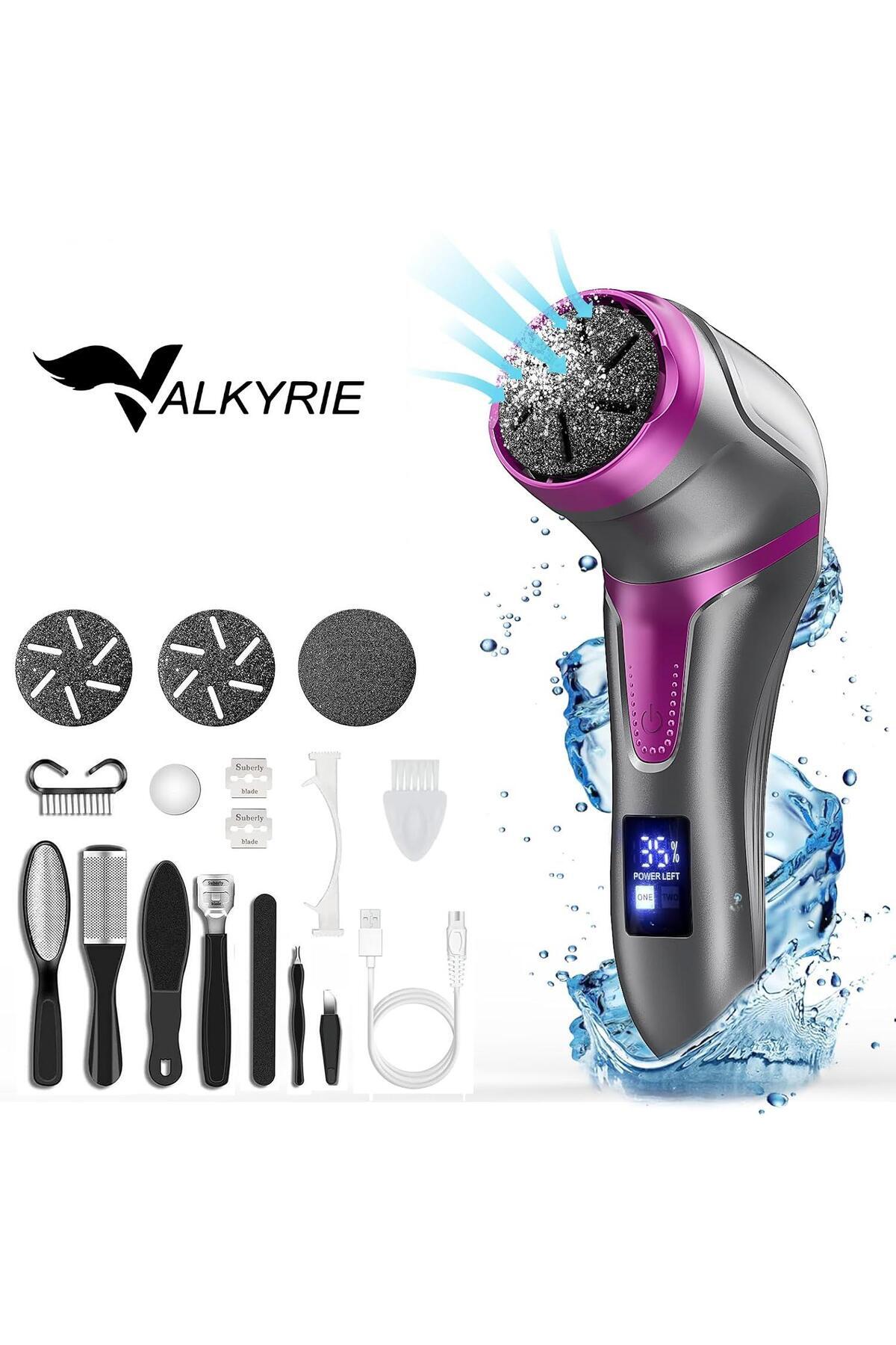 valkyrie Profesyonel Ayak Bakım Cihazı 360° Dönen Başlık Dijital Ekranlı, Şarjlı & 10 Parça Pedikür Kiti Mor — MT-510 Foot Care Machine Mor