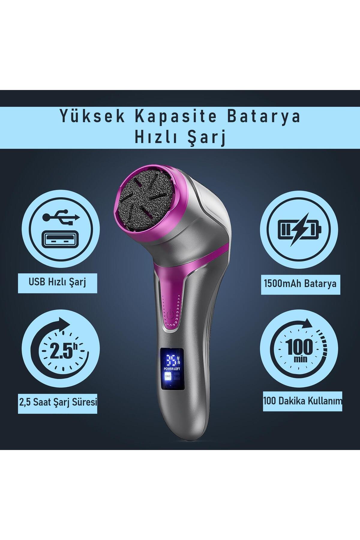 Profesyonel Ayak Bakım Cihazı 360° Dönen Başlık Dijital Ekranlı, Şarjlı & 10 Parça Pedikür Kiti Mor — MT-510 Foot Care Machine Mor — تصویر 4 از 9