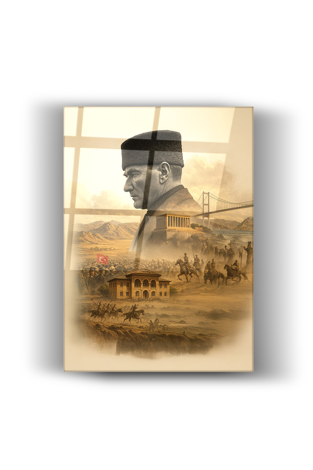 Mustafa Kemal Atatürk’ün portresi ve Türk tarihine ışık tutan- Cam Tablo-Ofis Odası Dekorasyonu