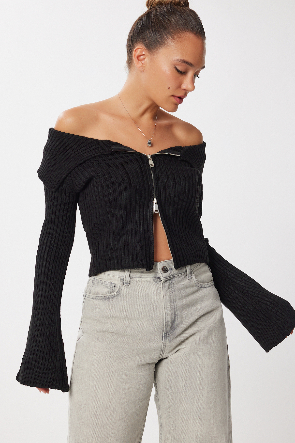Lovelyİstanbul Fermuarlı Crop Triko Hırka LMT0031 SİYAH görsel 3