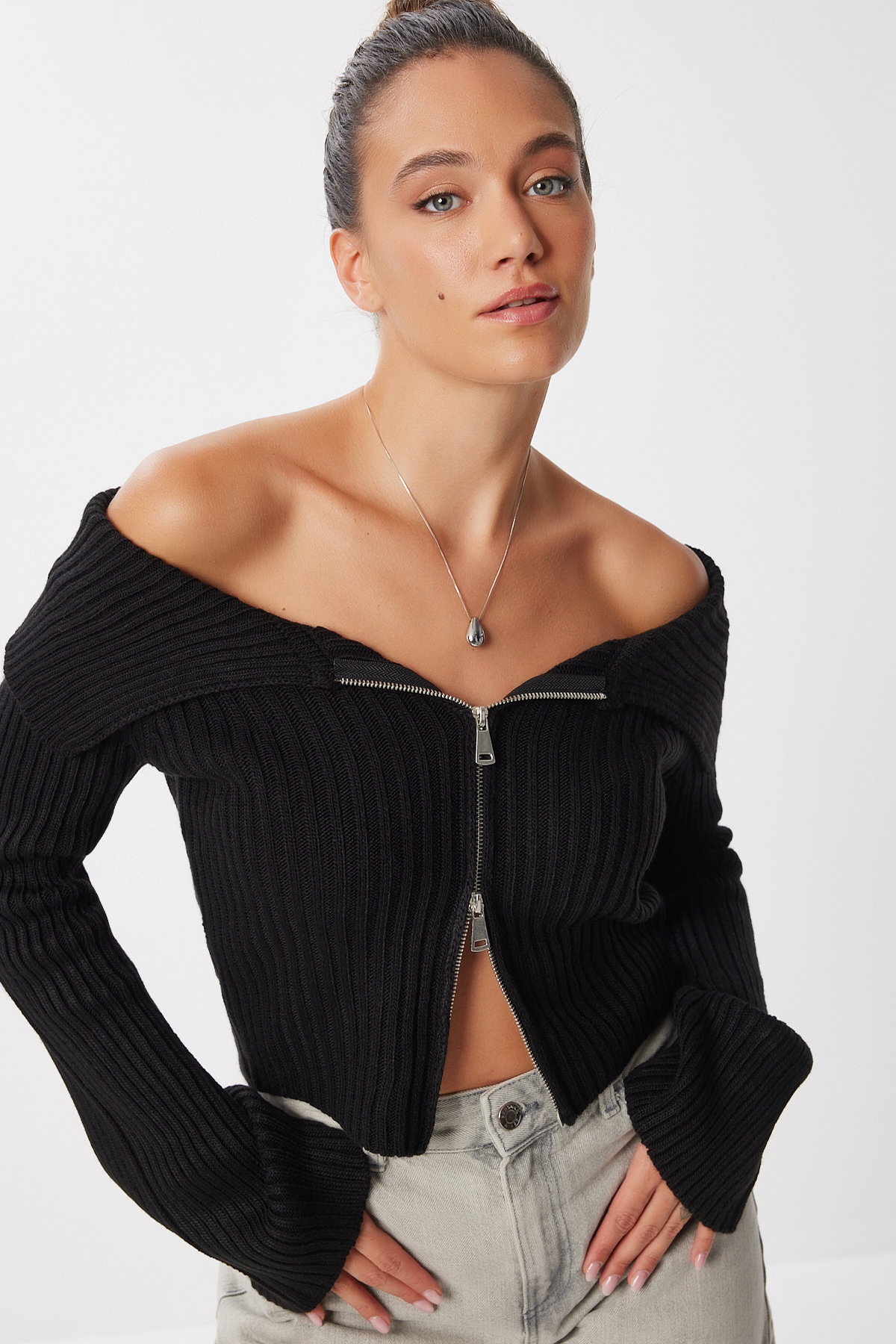 Lovelyİstanbul Fermuarlı Crop Triko Hırka LMT0031 SİYAH görsel 2