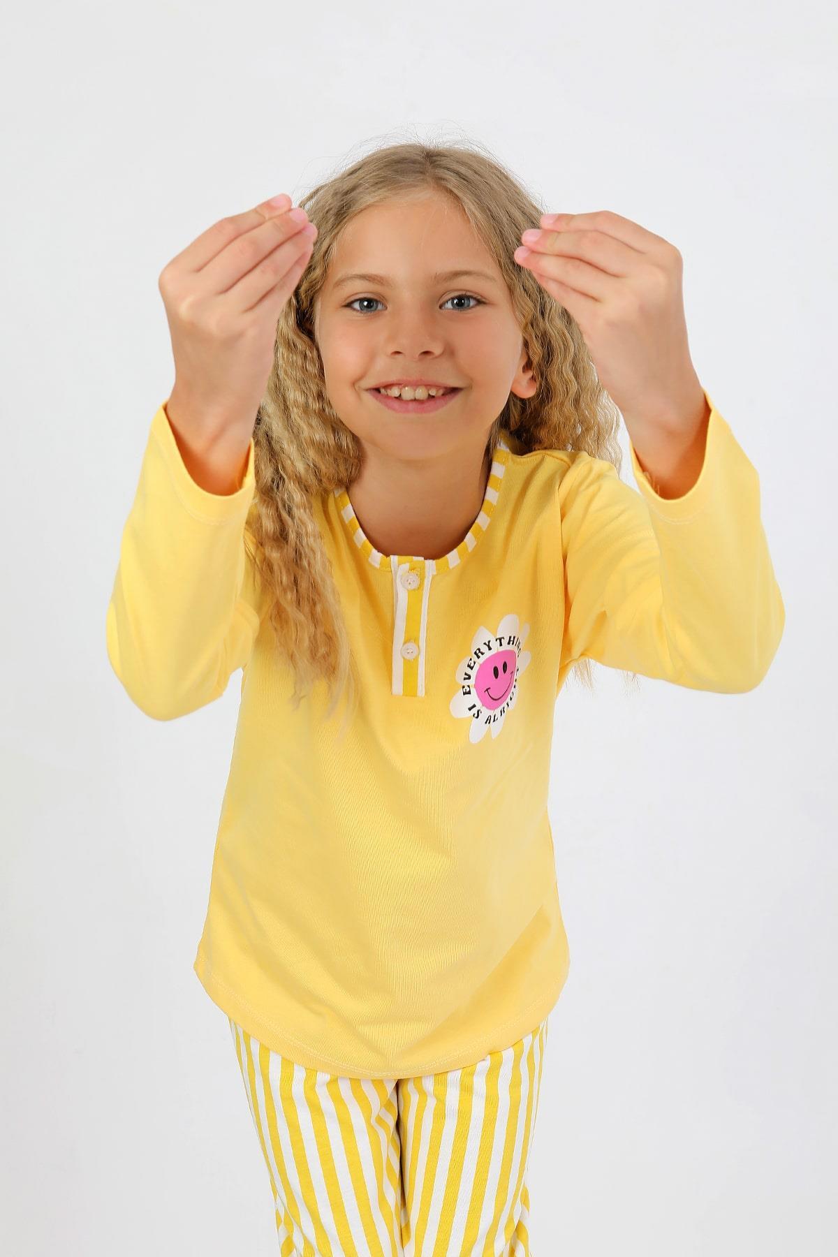 vitmo Kız Çocuk Uzun Kollu %100 Pamuklu Düğme Detaylı Pijama Takımı Alright fotoğrafı 5 (önizleme)