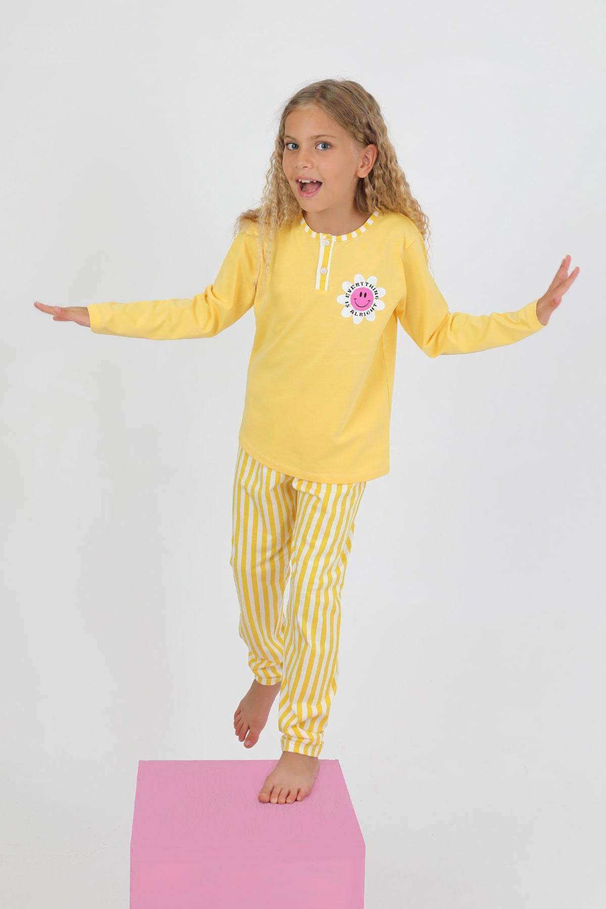 vitmo Kız Çocuk Uzun Kollu %100 Pamuklu Düğme Detaylı Pijama Takımı Alright fotoğrafı 4 (önizleme)