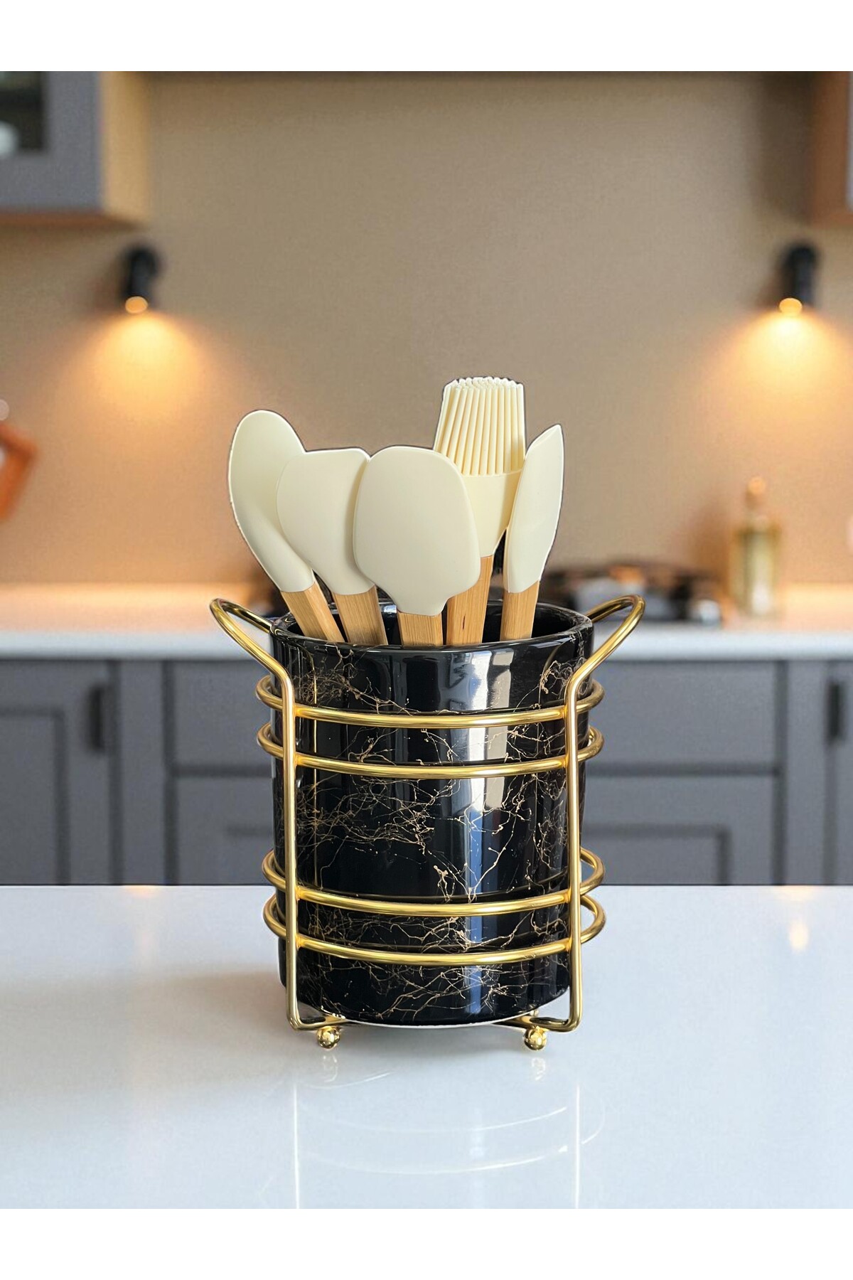 Kitchen Accessory Ceramic Upright Spoon Holder Black Marble Gold