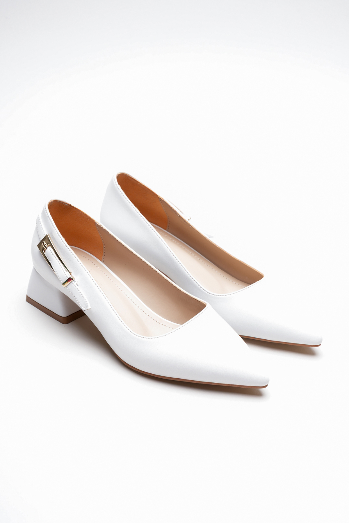 Women's Thick Short Heeled Shoes with Side Buckle Detail Goria White Skin