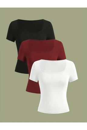 Wearflawless Kadın 3'lü Set Kare Yaka Bluz & T-Shirt, Fitilli Likralı Kaşkors...