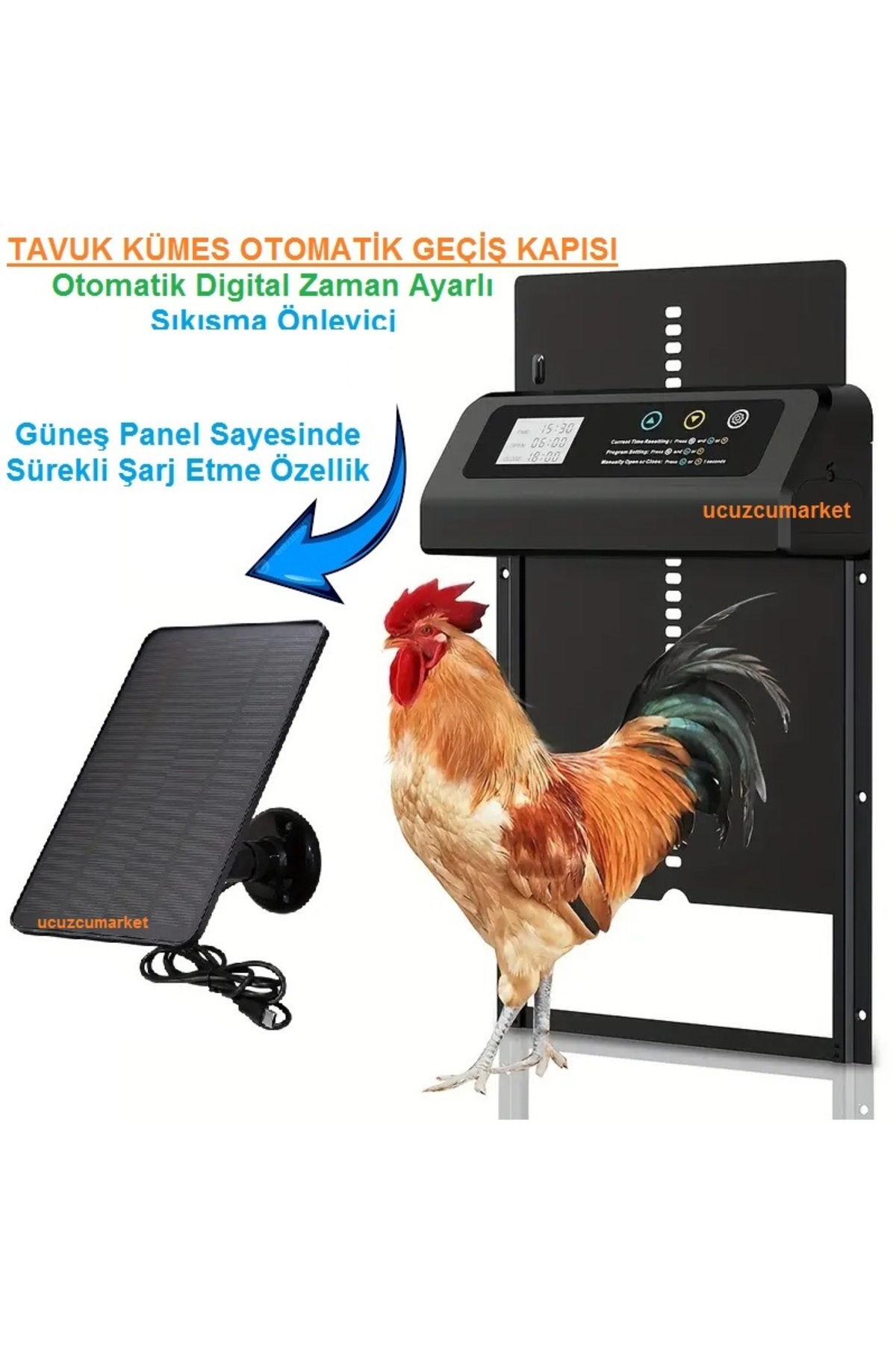 Kalite TAVUK KÜMES OTOMATİK GEÇİŞ KAPISI (Otomatik Digital Zaman Ayarlı - Güneş Panelli)