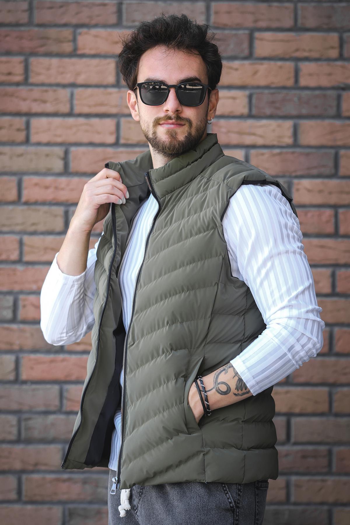 Faxy Cepli Dik Yaka Nova Parlak Kumaş Erkek Şişme Yelek