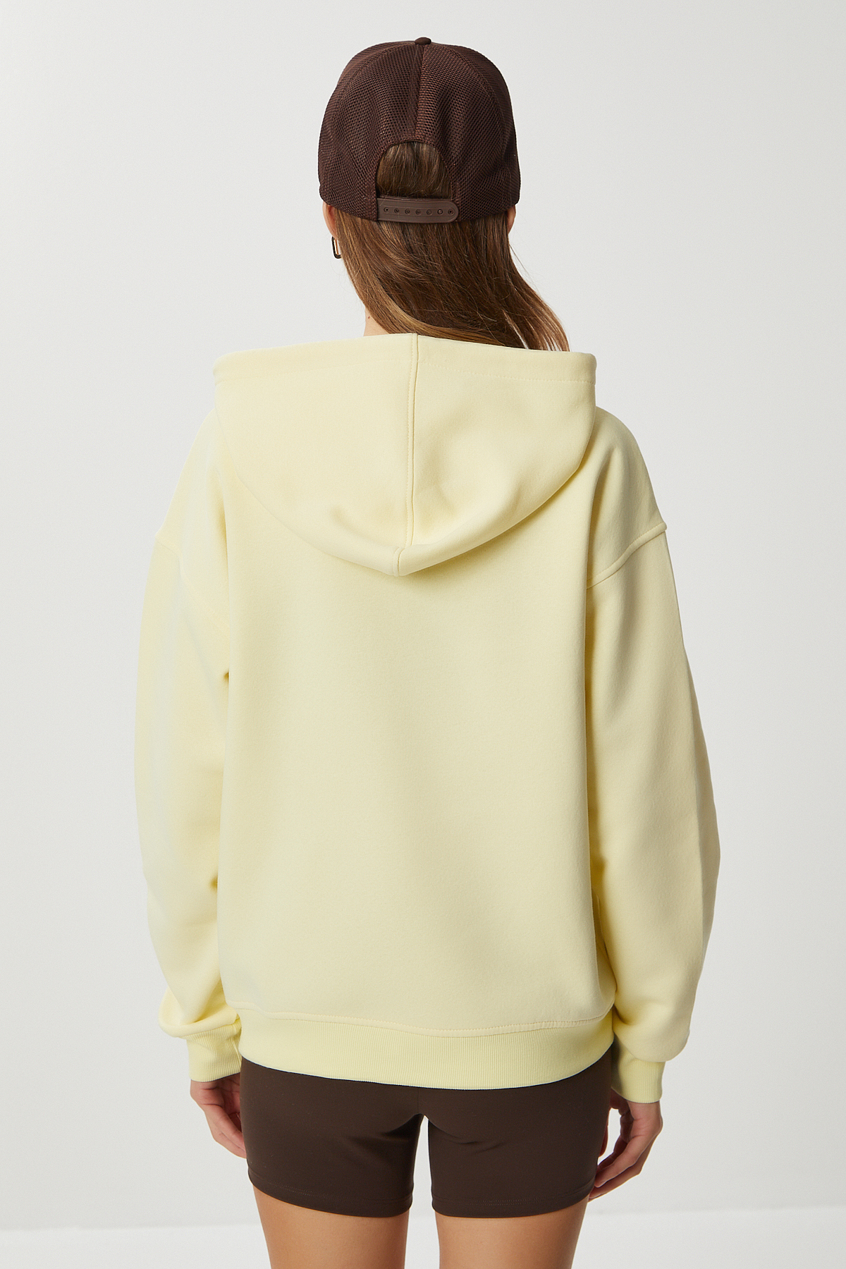 Lovelyİstanbul Kapüşonlu Fermuarlı Oversize Şardonlu Örme Sweatshirt LCR0098 SARI görsel 5
