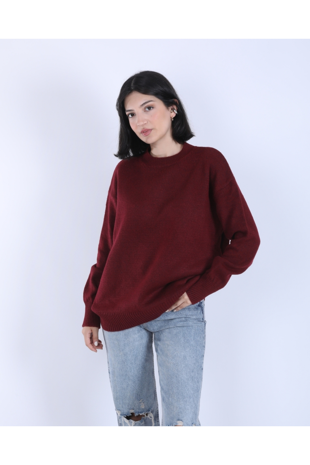 Kadın Bordo Bisiklet Yaka Oversize Salaş Triko kazak