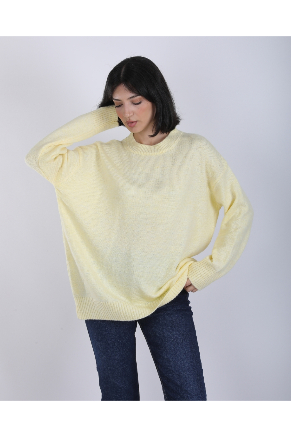 Kadın Sarı Bisiklet Yaka Oversize Salaş Triko kazak