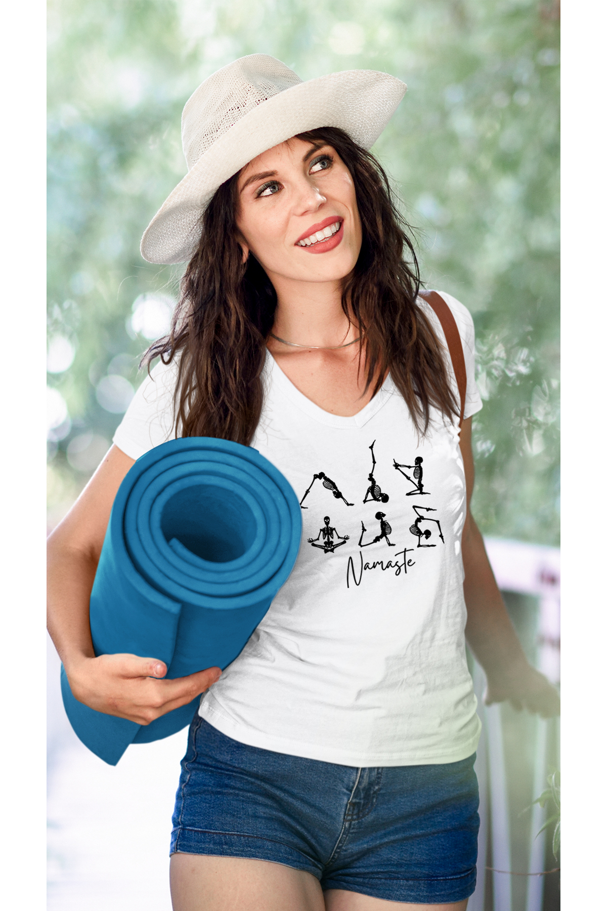 Kidilia Namaste İskelet Görselli Kadın V yaka %100 Pamuklu Pilates Tasarım T-shirt görsel 2